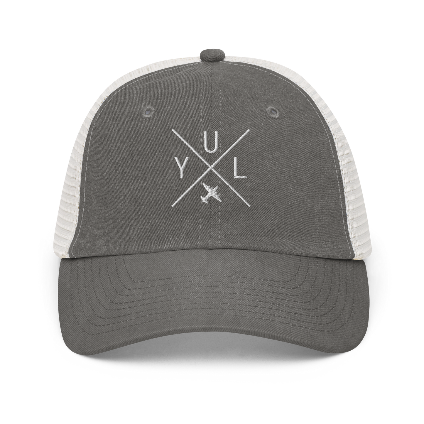 YHM Designs - YUL Montreal Pigment-Dyed Trucker Cap - Crossed-X Design with Airport Code and Vintage Propliner - White Embroidery - Image 09