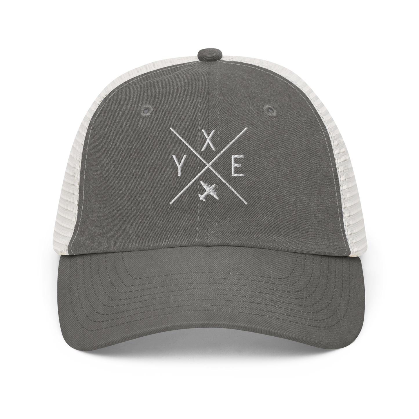 YHM Designs - YXE Saskatoon Pigment-Dyed Trucker Cap - Crossed-X Design with Airport Code and Vintage Propliner - White Embroidery - Image 09