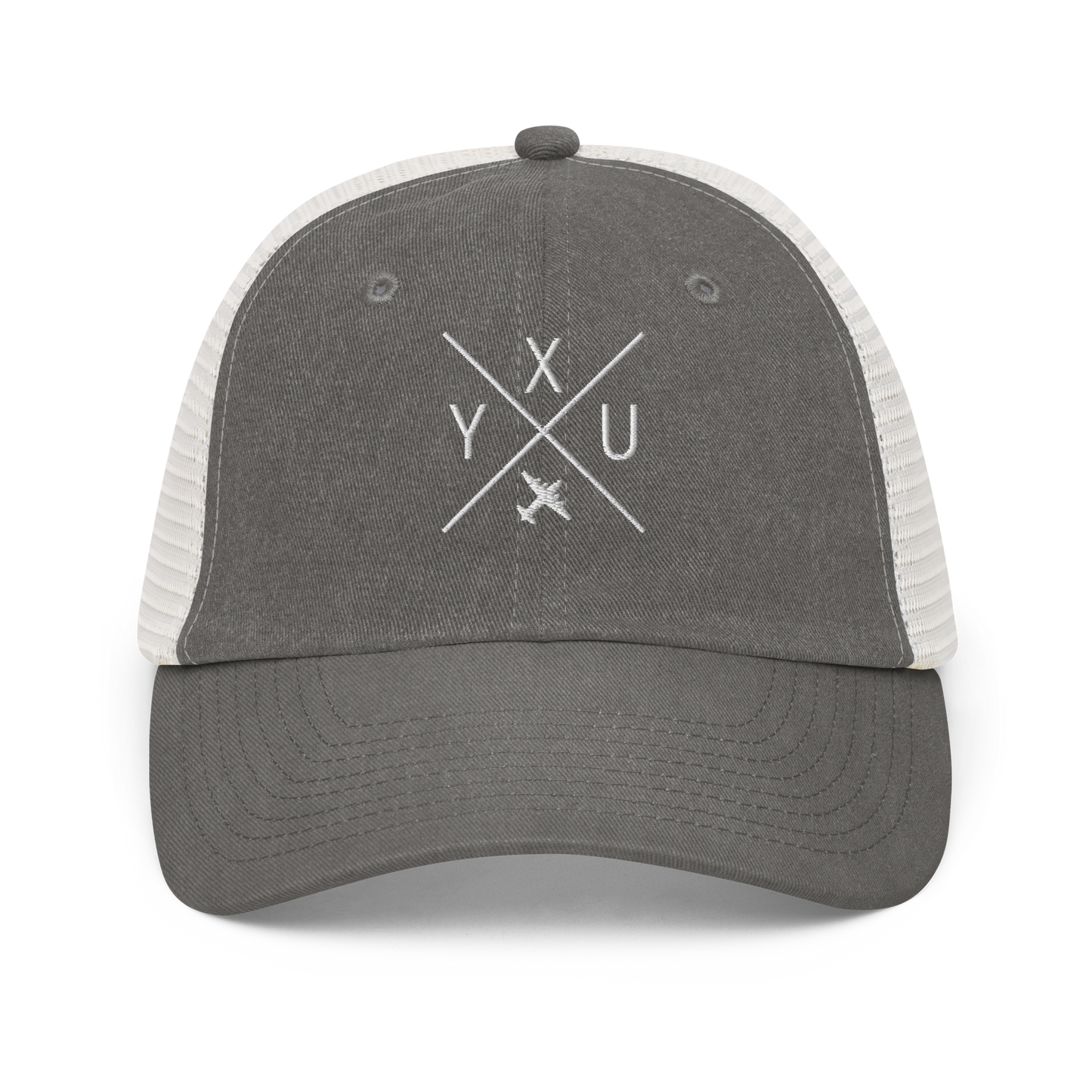 YHM Designs - YXU London Pigment-Dyed Trucker Cap - Crossed-X Design with Airport Code and Vintage Propliner - White Embroidery - Image 09