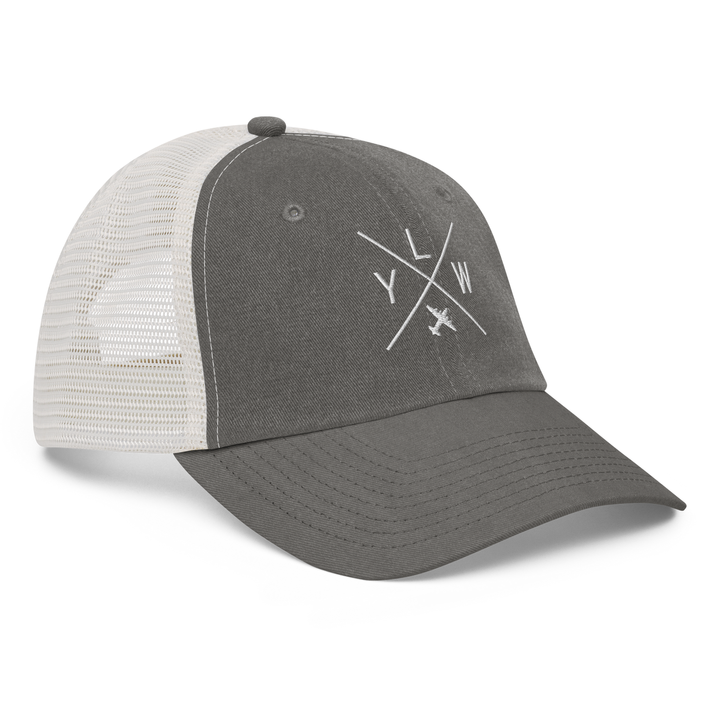 YHM Designs - YLW Kelowna Pigment-Dyed Trucker Cap - Crossed-X Design with Airport Code and Vintage Propliner - White Embroidery - Image 10