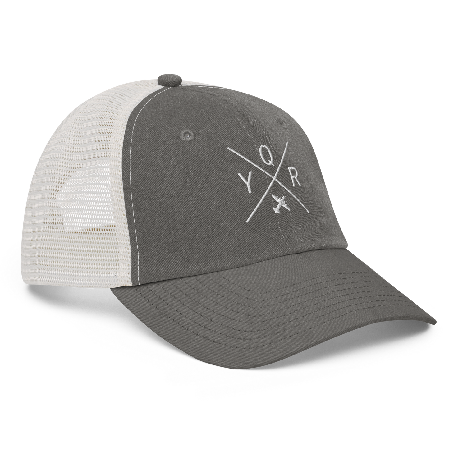 YHM Designs - YQR Regina Pigment-Dyed Trucker Cap - Crossed-X Design with Airport Code and Vintage Propliner - White Embroidery - Image 10