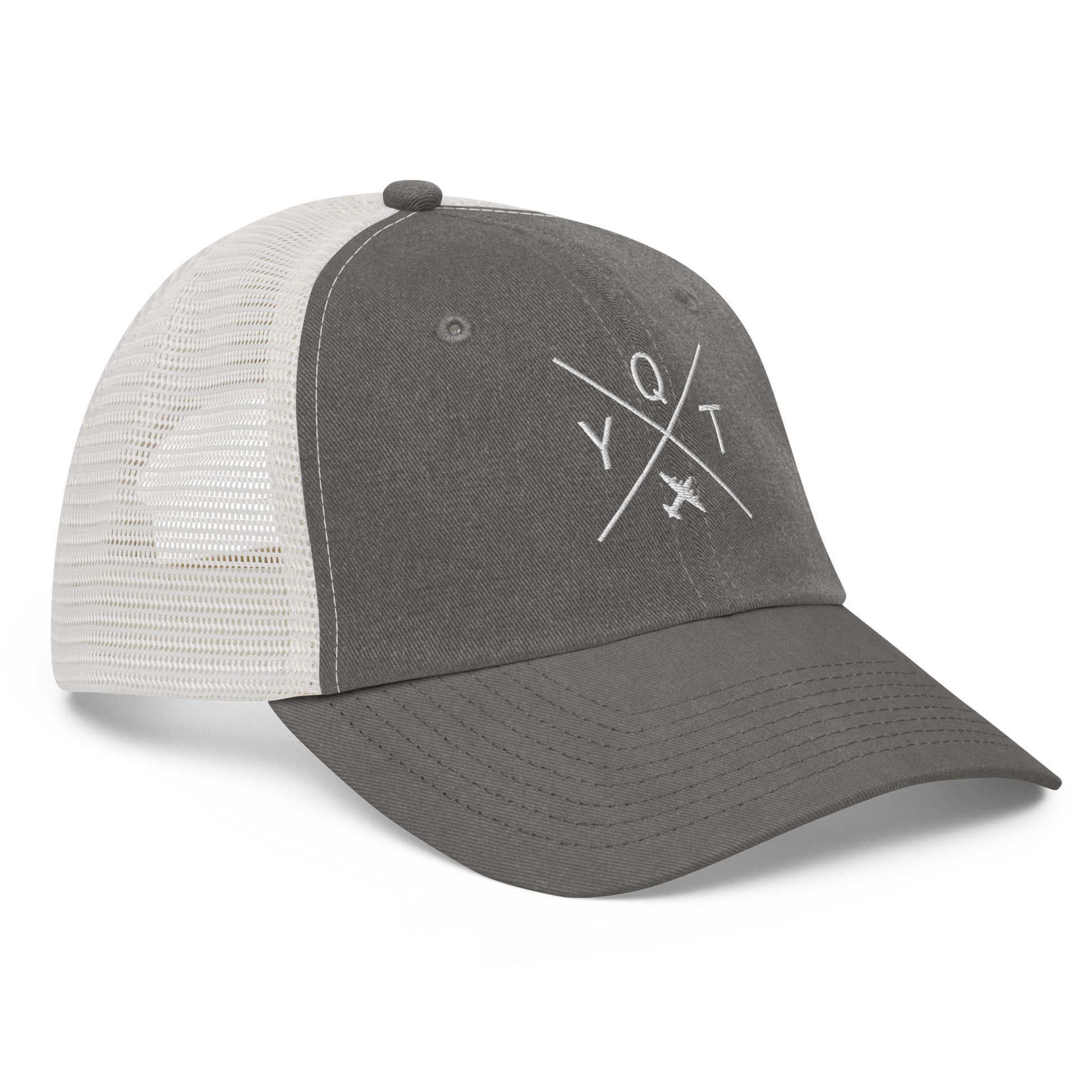 YHM Designs - YQT Thunder Bay Pigment-Dyed Trucker Cap - Crossed-X Design with Airport Code and Vintage Propliner - White Embroidery - Image 10