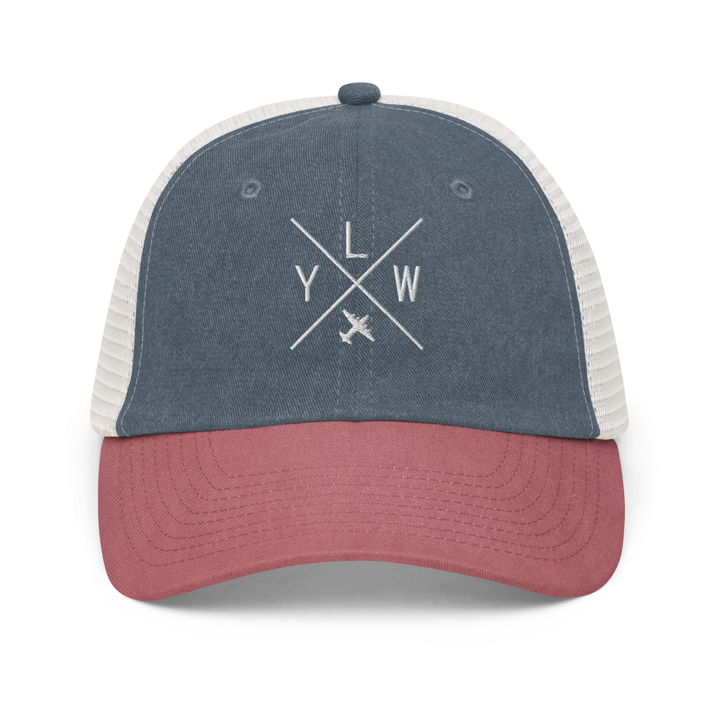 YHM Designs - YLW Kelowna Pigment-Dyed Trucker Cap - Crossed-X Design with Airport Code and Vintage Propliner - White Embroidery - Image 12