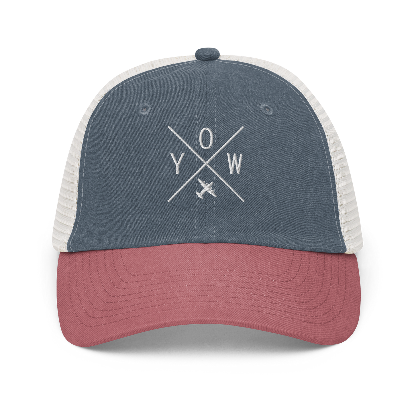 YHM Designs - YOW Ottawa Pigment-Dyed Trucker Cap - Crossed-X Design with Airport Code and Vintage Propliner - White Embroidery - Image 12