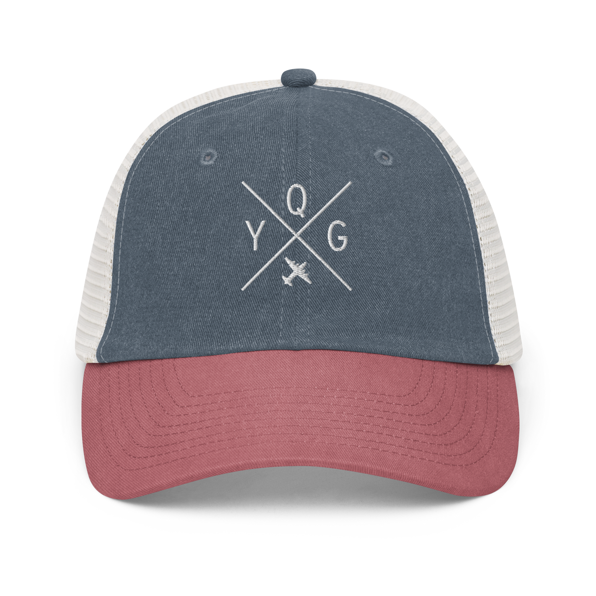 YHM Designs - YQG Windsor Pigment-Dyed Trucker Cap - Crossed-X Design with Airport Code and Vintage Propliner - White Embroidery - Image 12