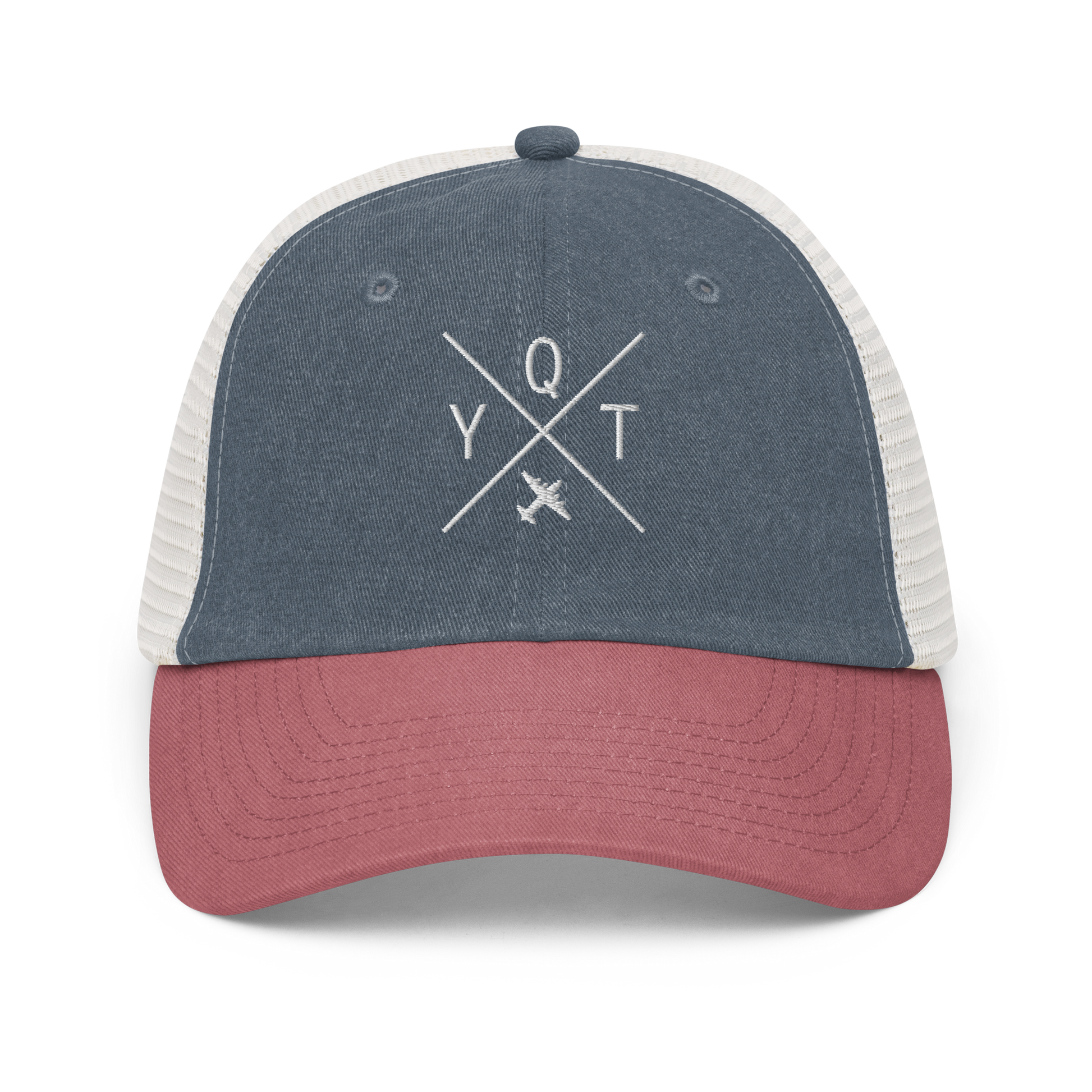 YHM Designs - YQT Thunder Bay Pigment-Dyed Trucker Cap - Crossed-X Design with Airport Code and Vintage Propliner - White Embroidery - Image 12
