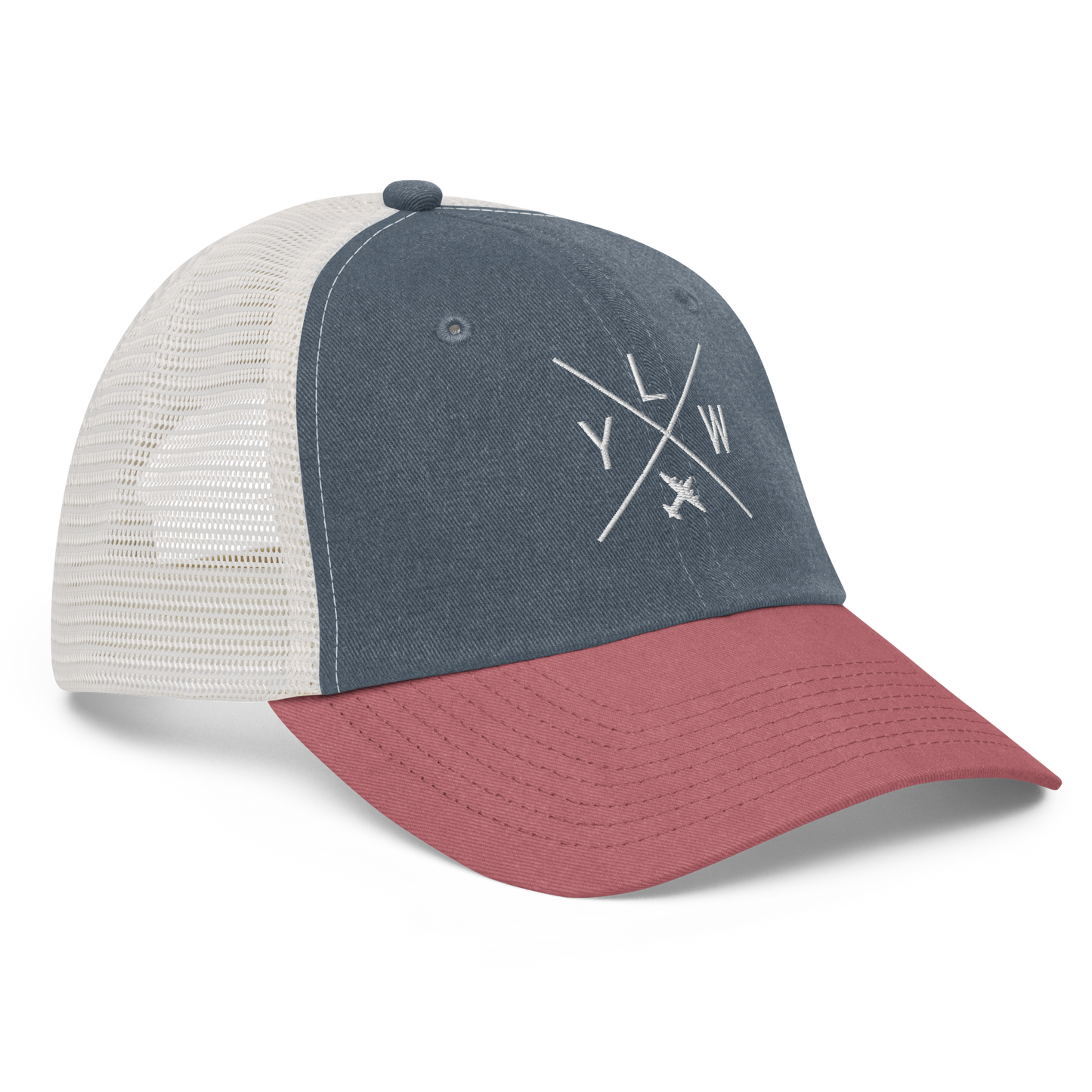 YHM Designs - YLW Kelowna Pigment-Dyed Trucker Cap - Crossed-X Design with Airport Code and Vintage Propliner - White Embroidery - Image 13
