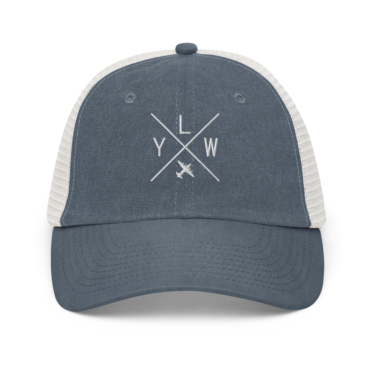 YHM Designs - YLW Kelowna Pigment-Dyed Trucker Cap - Crossed-X Design with Airport Code and Vintage Propliner - White Embroidery - Image 06
