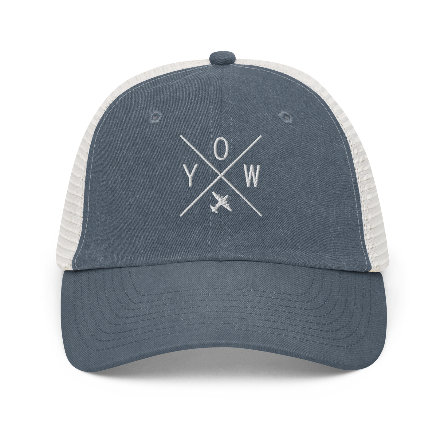 YHM Designs - YOW Ottawa Pigment-Dyed Trucker Cap - Crossed-X Design with Airport Code and Vintage Propliner - White Embroidery - Image 06