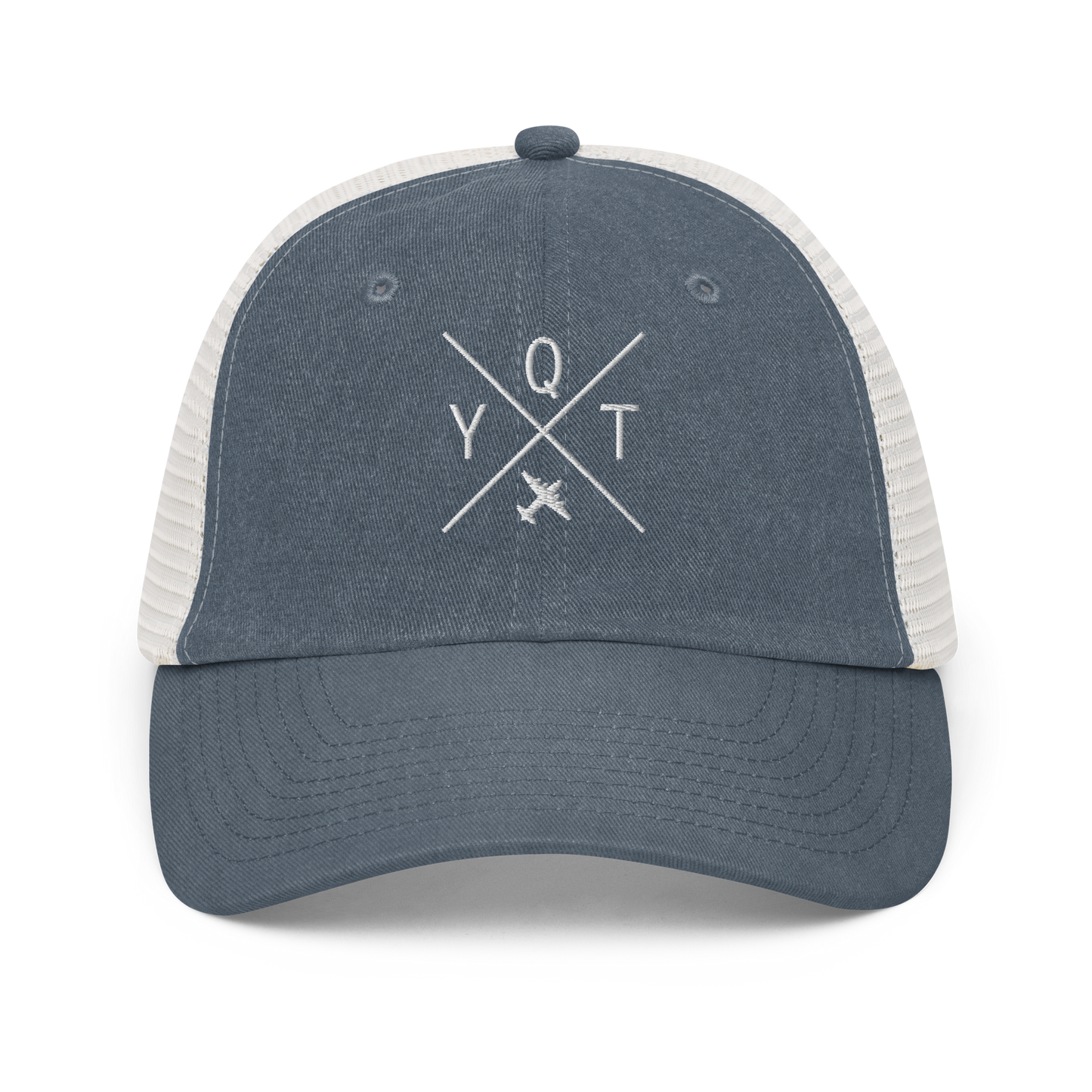 YHM Designs - YQT Thunder Bay Pigment-Dyed Trucker Cap - Crossed-X Design with Airport Code and Vintage Propliner - White Embroidery - Image 06