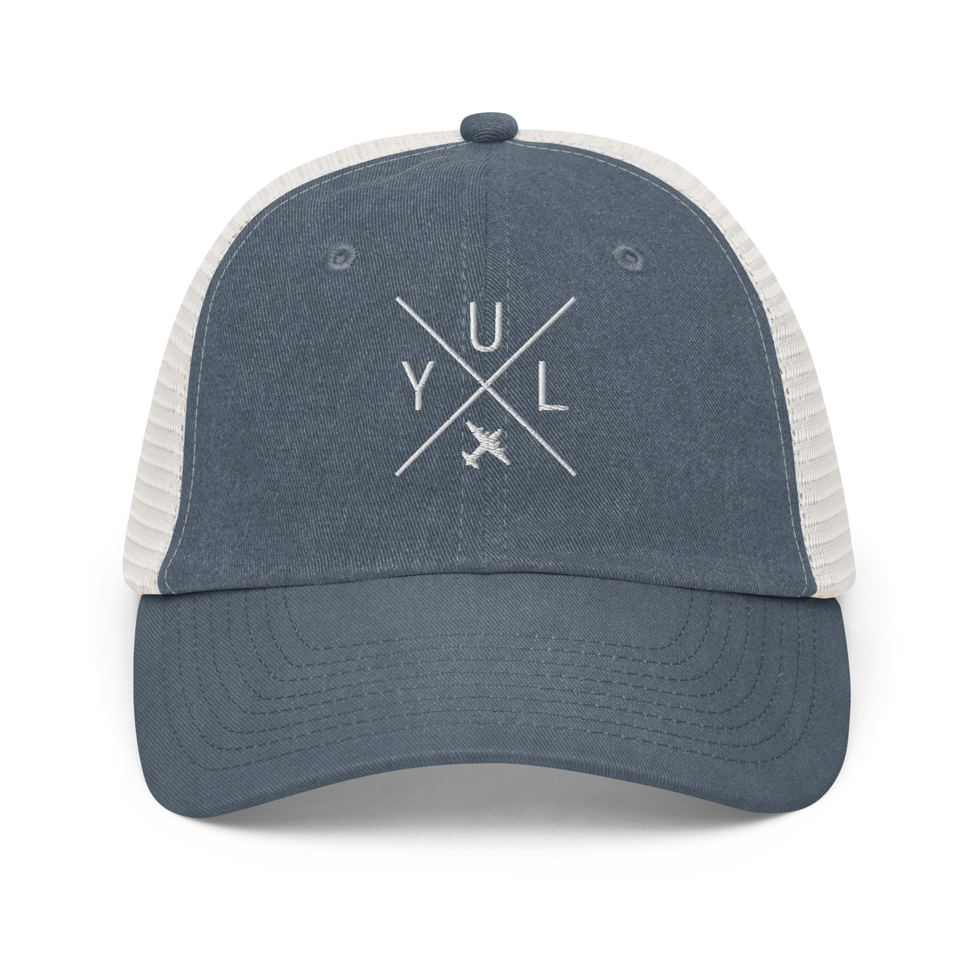 YHM Designs - YUL Montreal Pigment-Dyed Trucker Cap - Crossed-X Design with Airport Code and Vintage Propliner - White Embroidery - Image 06