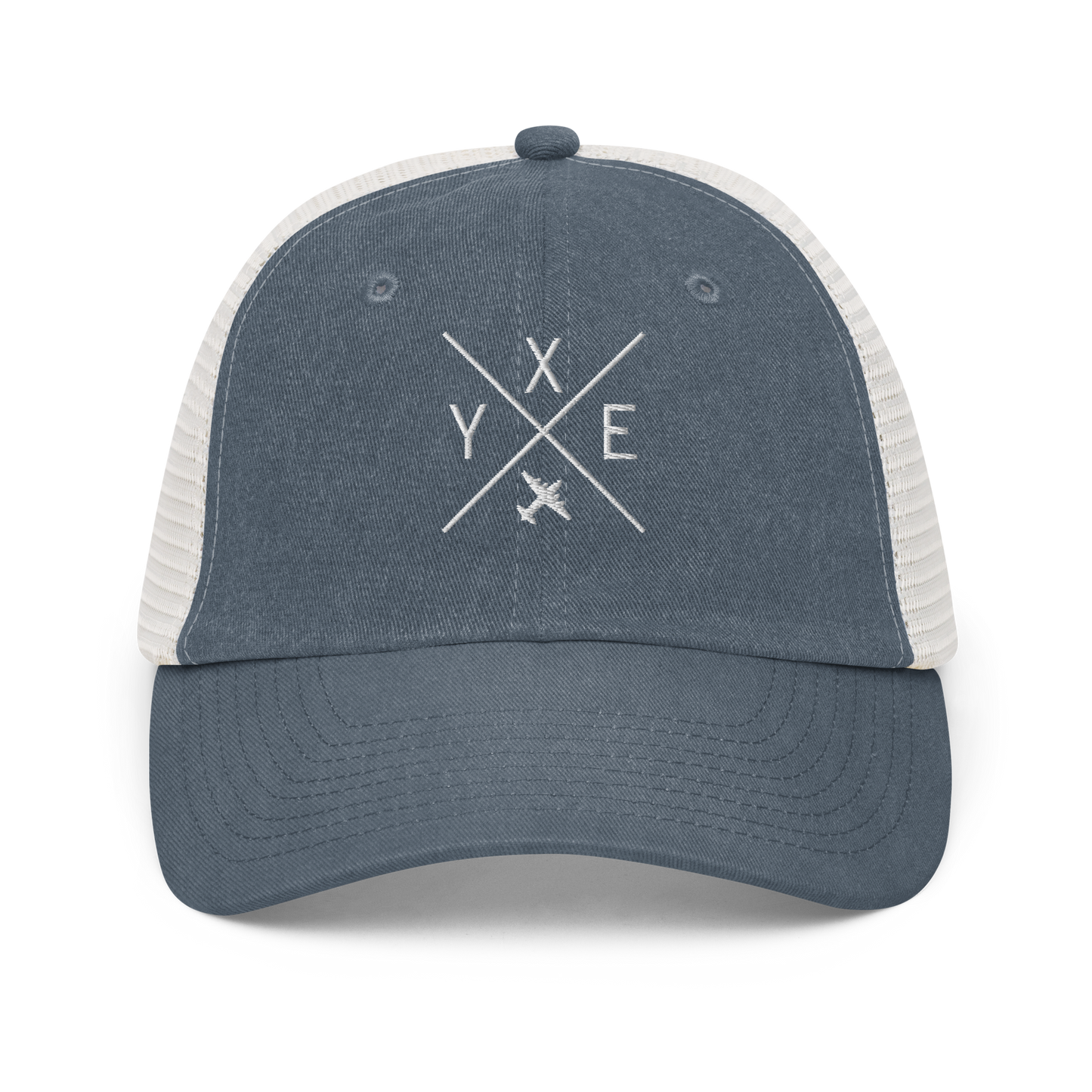 YHM Designs - YXE Saskatoon Pigment-Dyed Trucker Cap - Crossed-X Design with Airport Code and Vintage Propliner - White Embroidery - Image 06