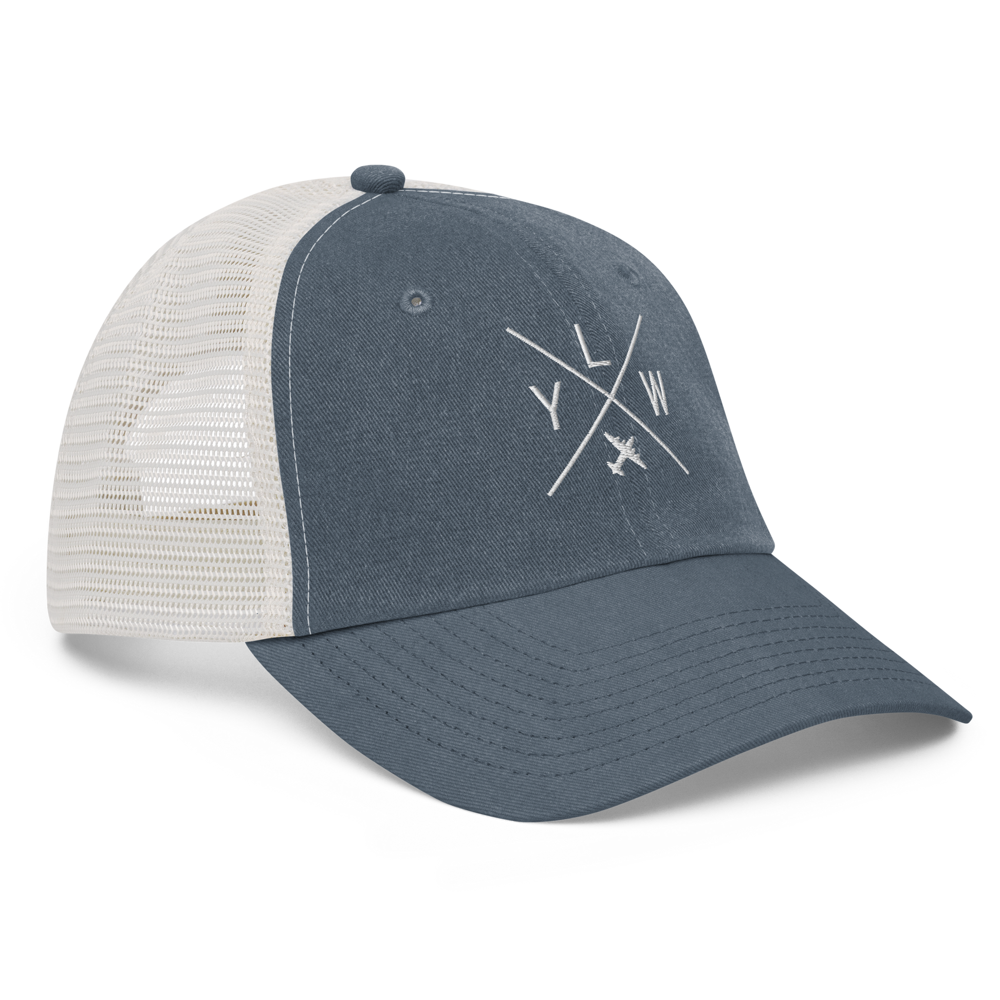 YHM Designs - YLW Kelowna Pigment-Dyed Trucker Cap - Crossed-X Design with Airport Code and Vintage Propliner - White Embroidery - Image 07