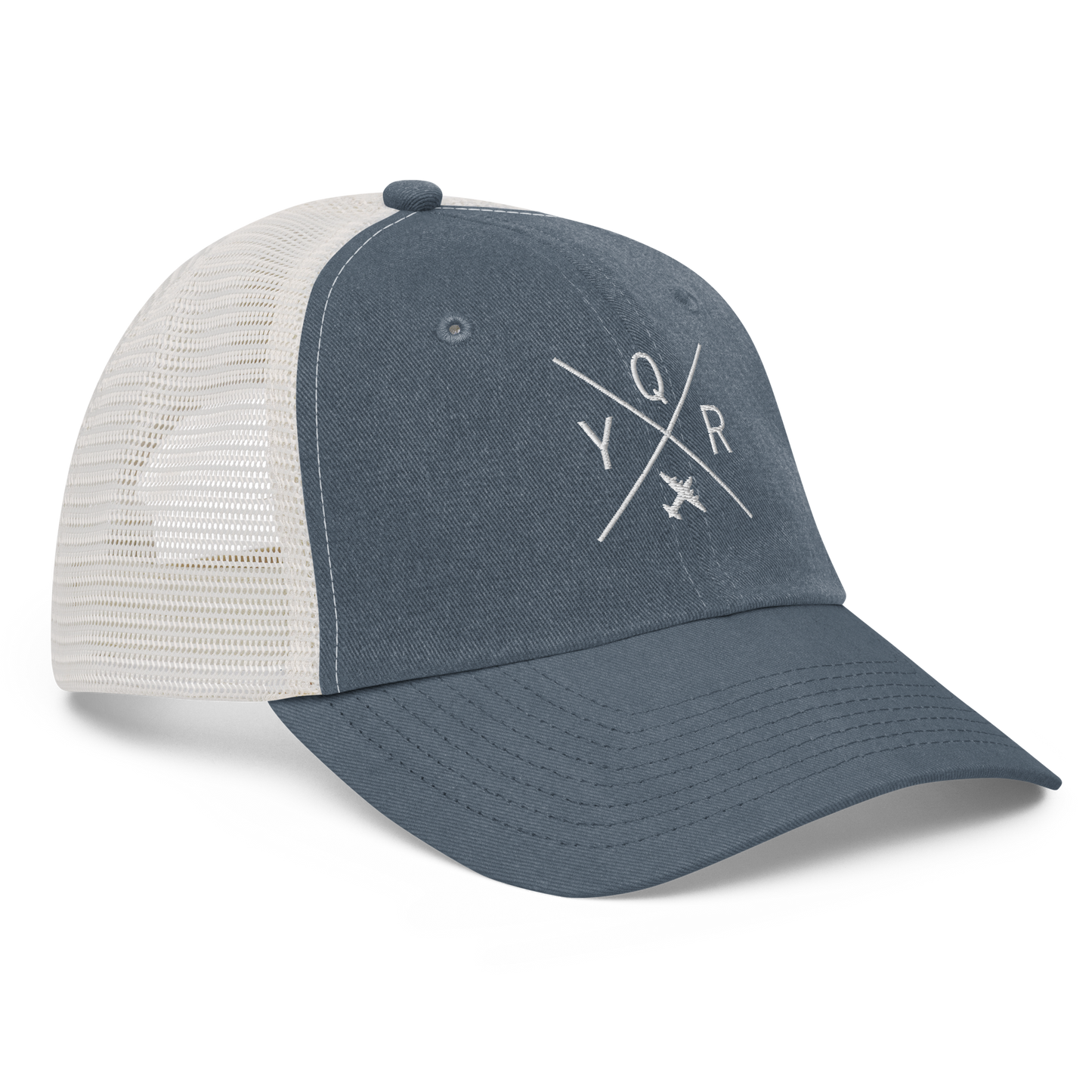 YHM Designs - YQR Regina Pigment-Dyed Trucker Cap - Crossed-X Design with Airport Code and Vintage Propliner - White Embroidery - Image 07
