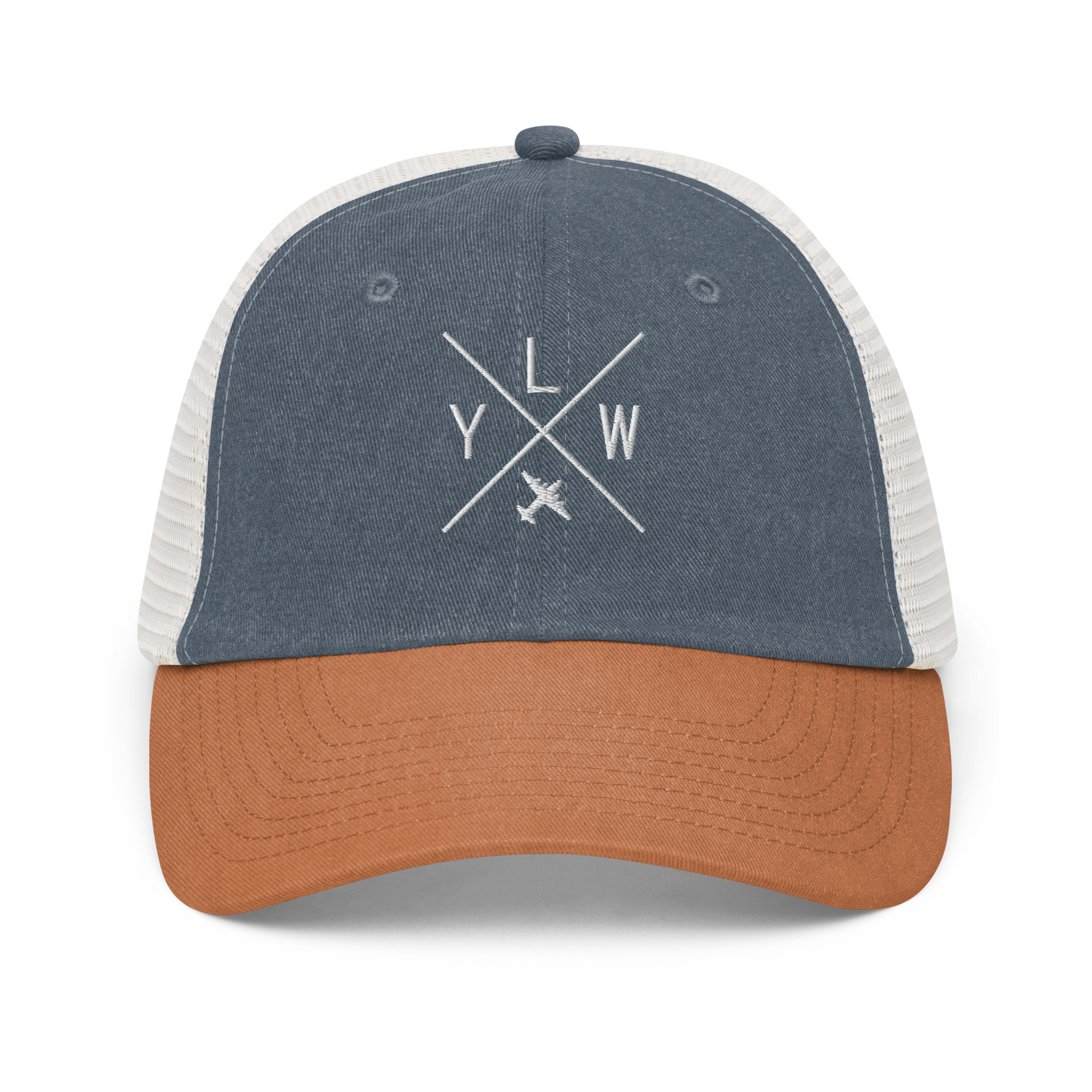 YHM Designs - YLW Kelowna Pigment-Dyed Trucker Cap - Crossed-X Design with Airport Code and Vintage Propliner - White Embroidery - Image 15