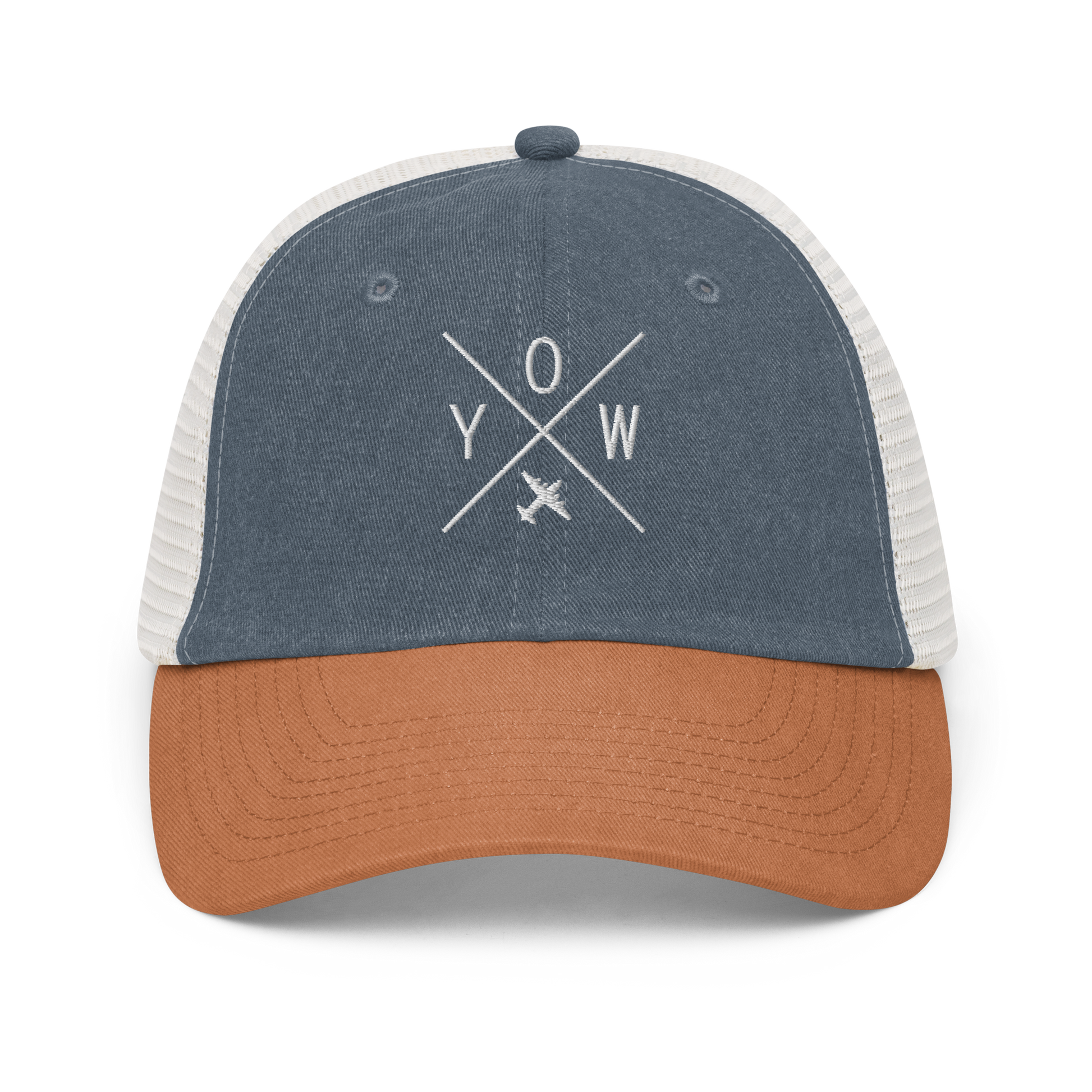 YHM Designs - YOW Ottawa Pigment-Dyed Trucker Cap - Crossed-X Design with Airport Code and Vintage Propliner - White Embroidery - Image 15