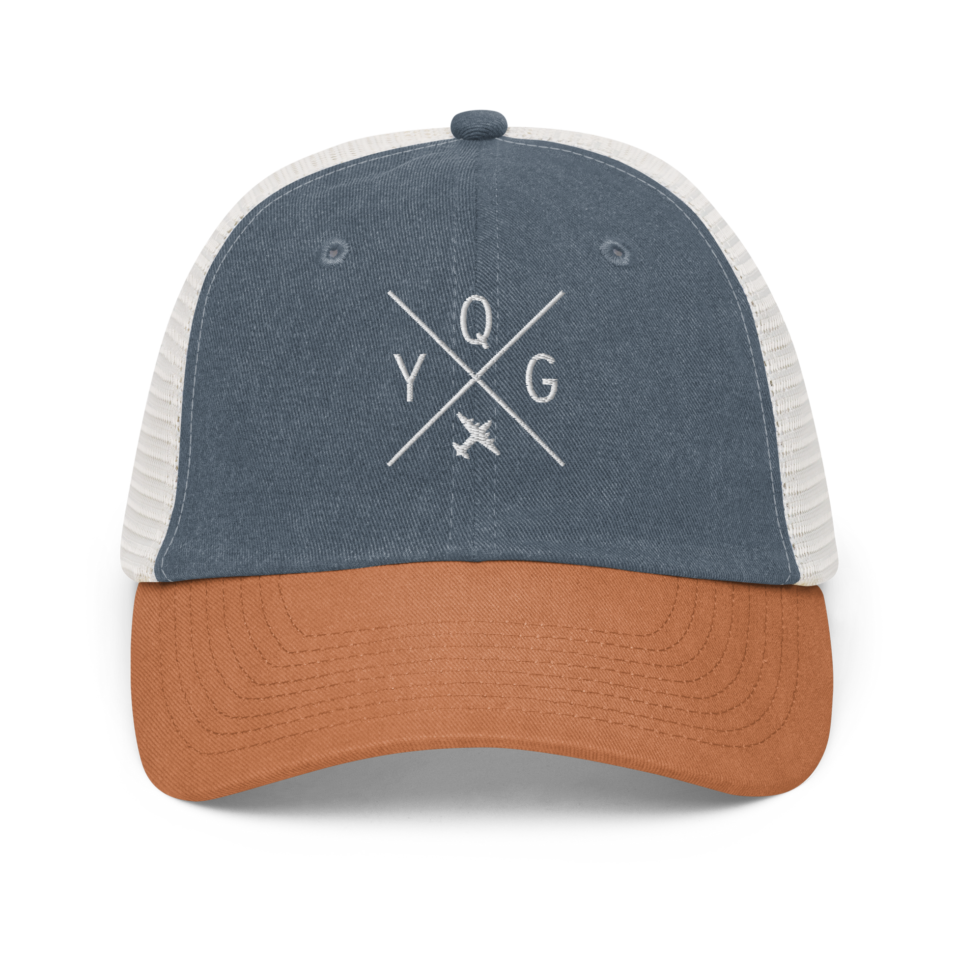 YHM Designs - YQG Windsor Pigment-Dyed Trucker Cap - Crossed-X Design with Airport Code and Vintage Propliner - White Embroidery - Image 15