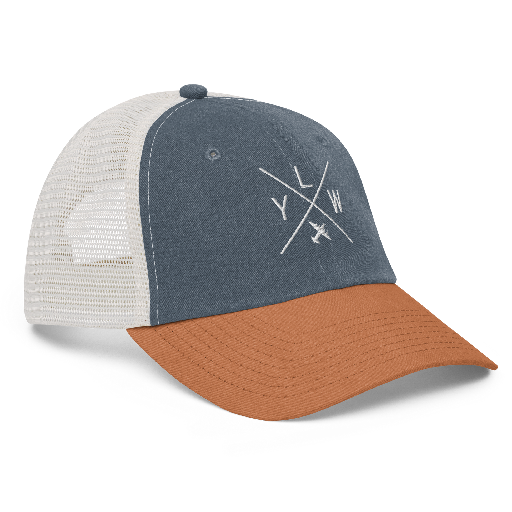 YHM Designs - YLW Kelowna Pigment-Dyed Trucker Cap - Crossed-X Design with Airport Code and Vintage Propliner - White Embroidery - Image 16