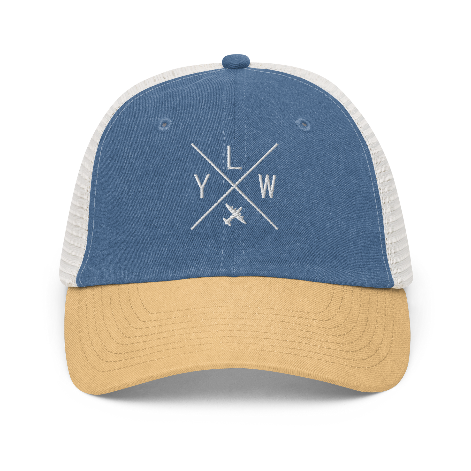 YHM Designs - YLW Kelowna Pigment-Dyed Trucker Cap - Crossed-X Design with Airport Code and Vintage Propliner - White Embroidery - Image 01