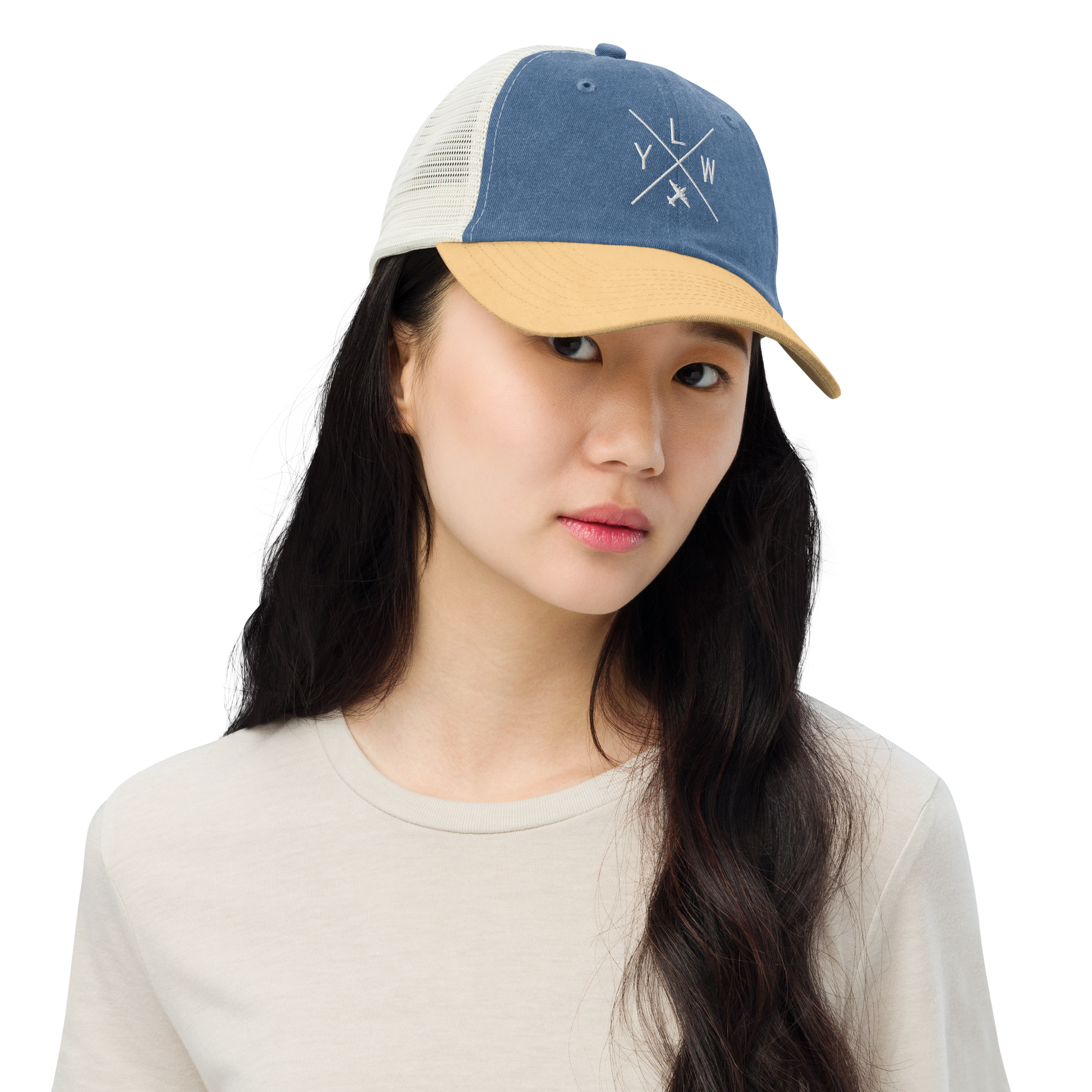 YHM Designs - YLW Kelowna Pigment-Dyed Trucker Cap - Crossed-X Design with Airport Code and Vintage Propliner - White Embroidery - Image 03
