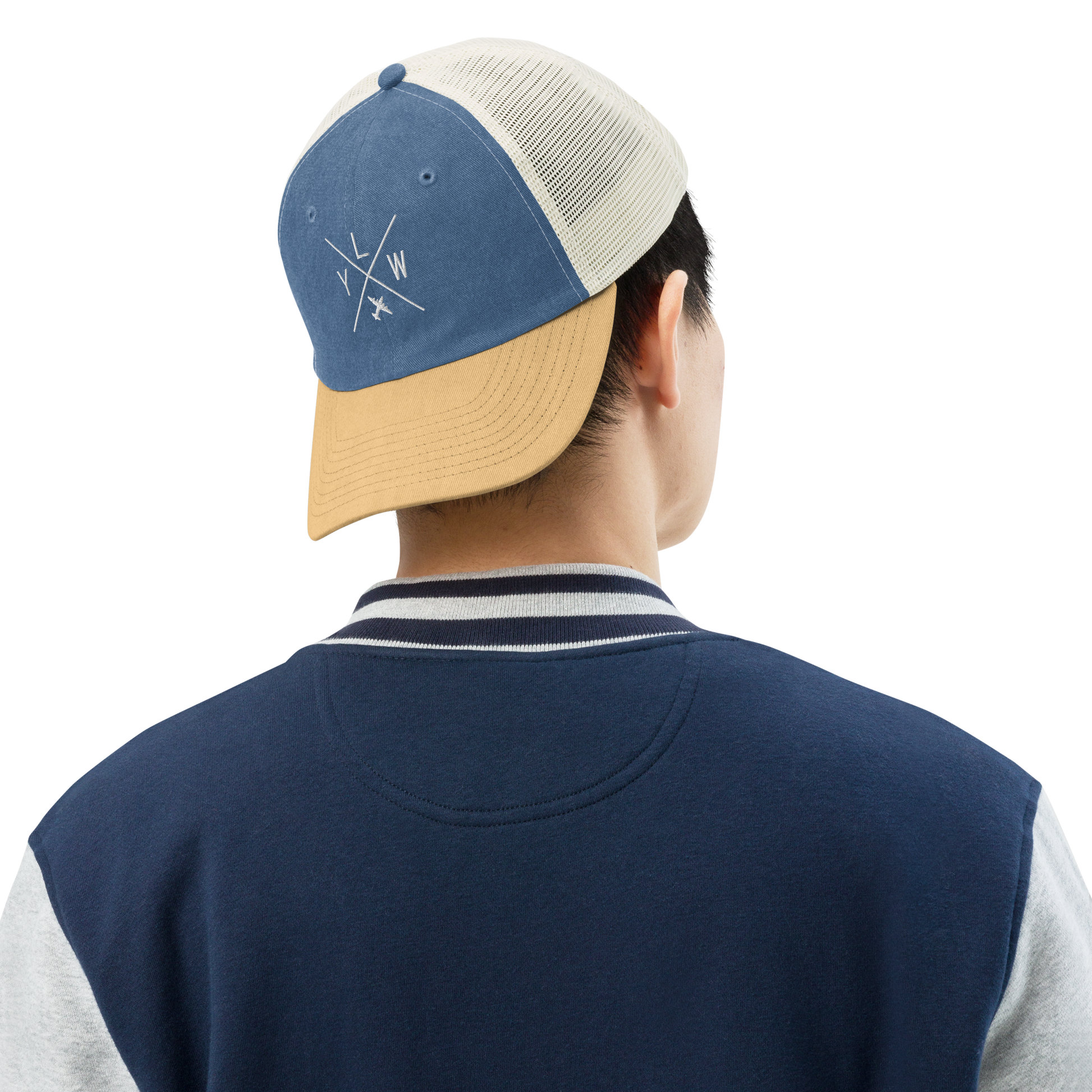 YHM Designs - YLW Kelowna Pigment-Dyed Trucker Cap - Crossed-X Design with Airport Code and Vintage Propliner - White Embroidery - Image 04
