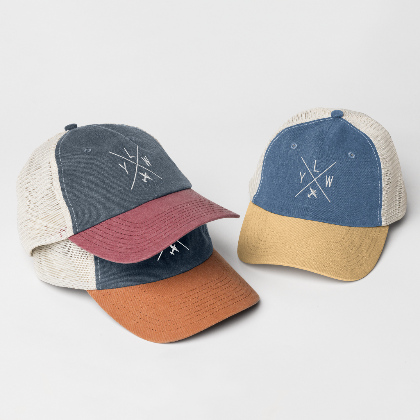 YHM Designs - YLW Kelowna Pigment-Dyed Trucker Cap - Crossed-X Design with Airport Code and Vintage Propliner - White Embroidery - Image 05