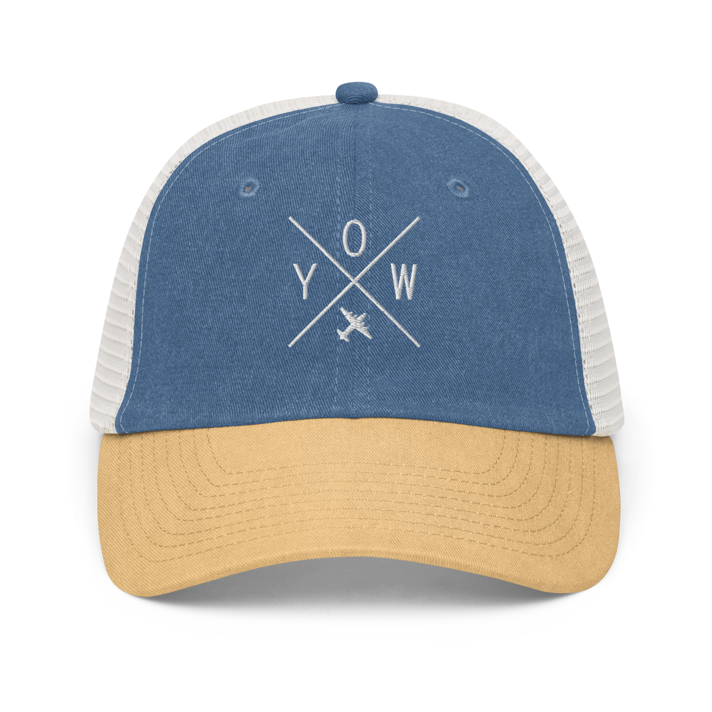 YHM Designs - YOW Ottawa Pigment-Dyed Trucker Cap - Crossed-X Design with Airport Code and Vintage Propliner - White Embroidery - Image 01