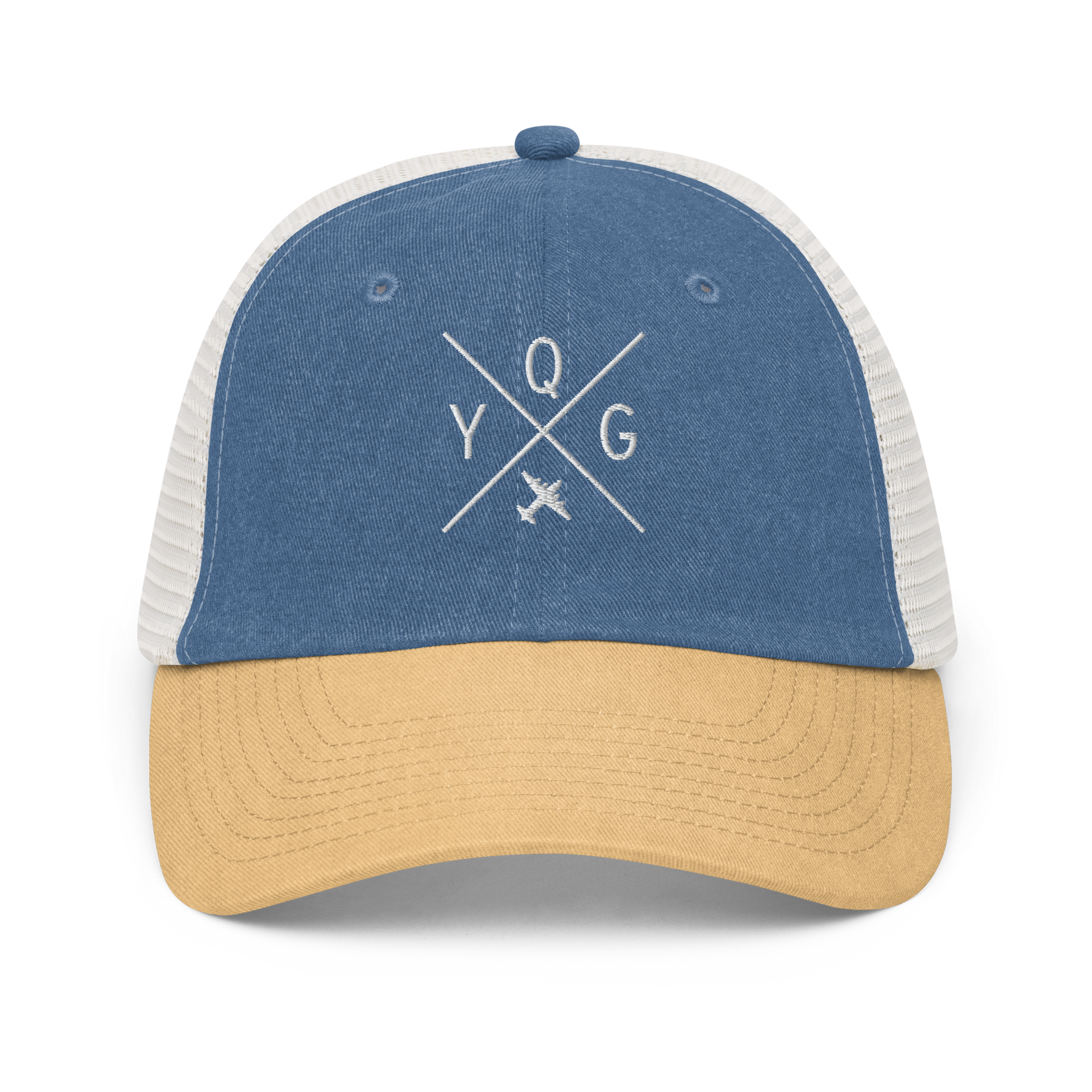 YHM Designs - YQG Windsor Pigment-Dyed Trucker Cap - Crossed-X Design with Airport Code and Vintage Propliner - White Embroidery - Image 01
