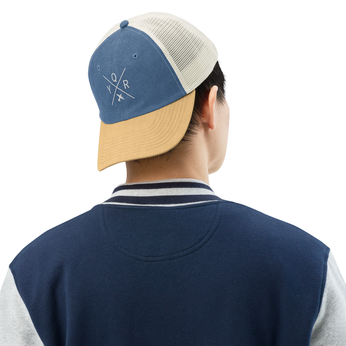 YHM Designs - YQR Regina Pigment-Dyed Trucker Cap - Crossed-X Design with Airport Code and Vintage Propliner - White Embroidery - Image 04
