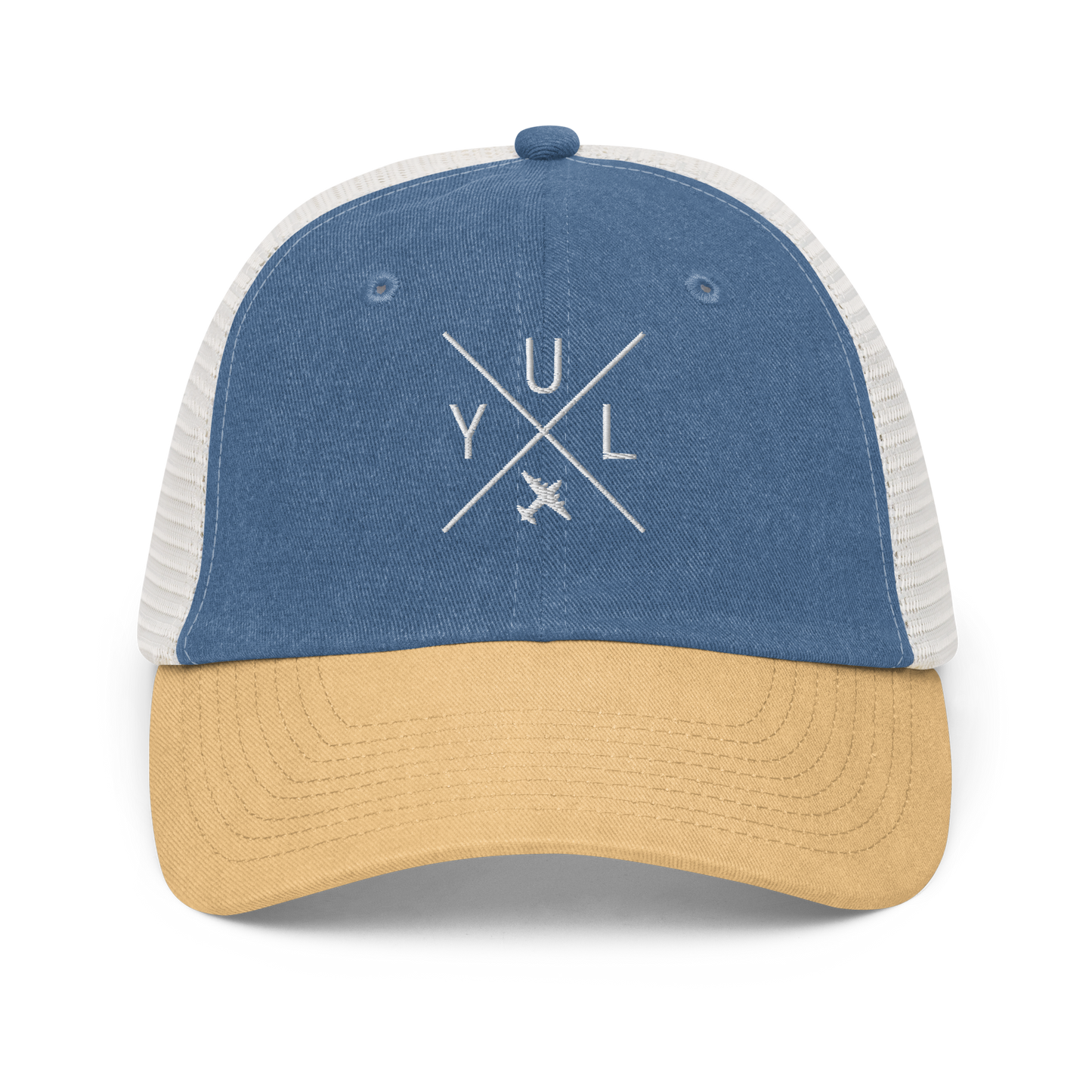 YHM Designs - YUL Montreal Pigment-Dyed Trucker Cap - Crossed-X Design with Airport Code and Vintage Propliner - White Embroidery - Image 01