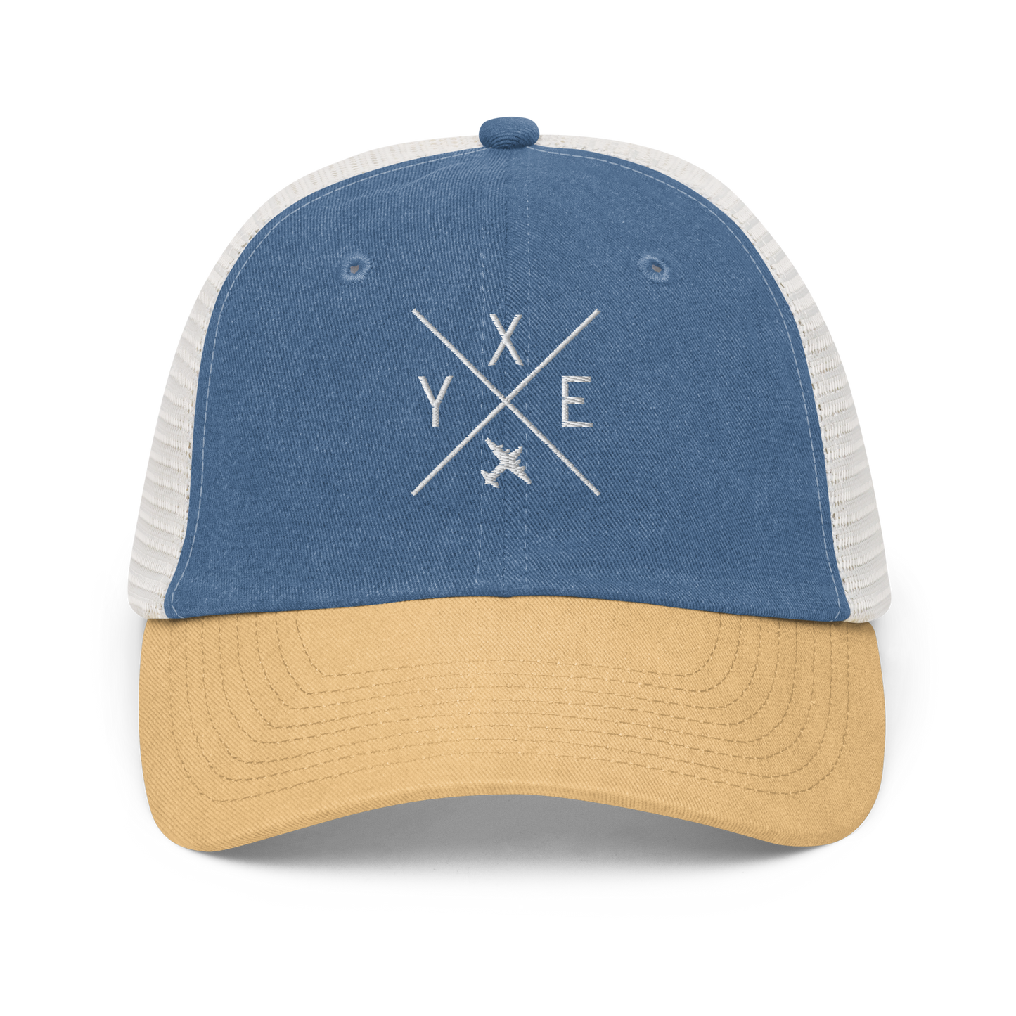 YHM Designs - YXE Saskatoon Pigment-Dyed Trucker Cap - Crossed-X Design with Airport Code and Vintage Propliner - White Embroidery - Image 01