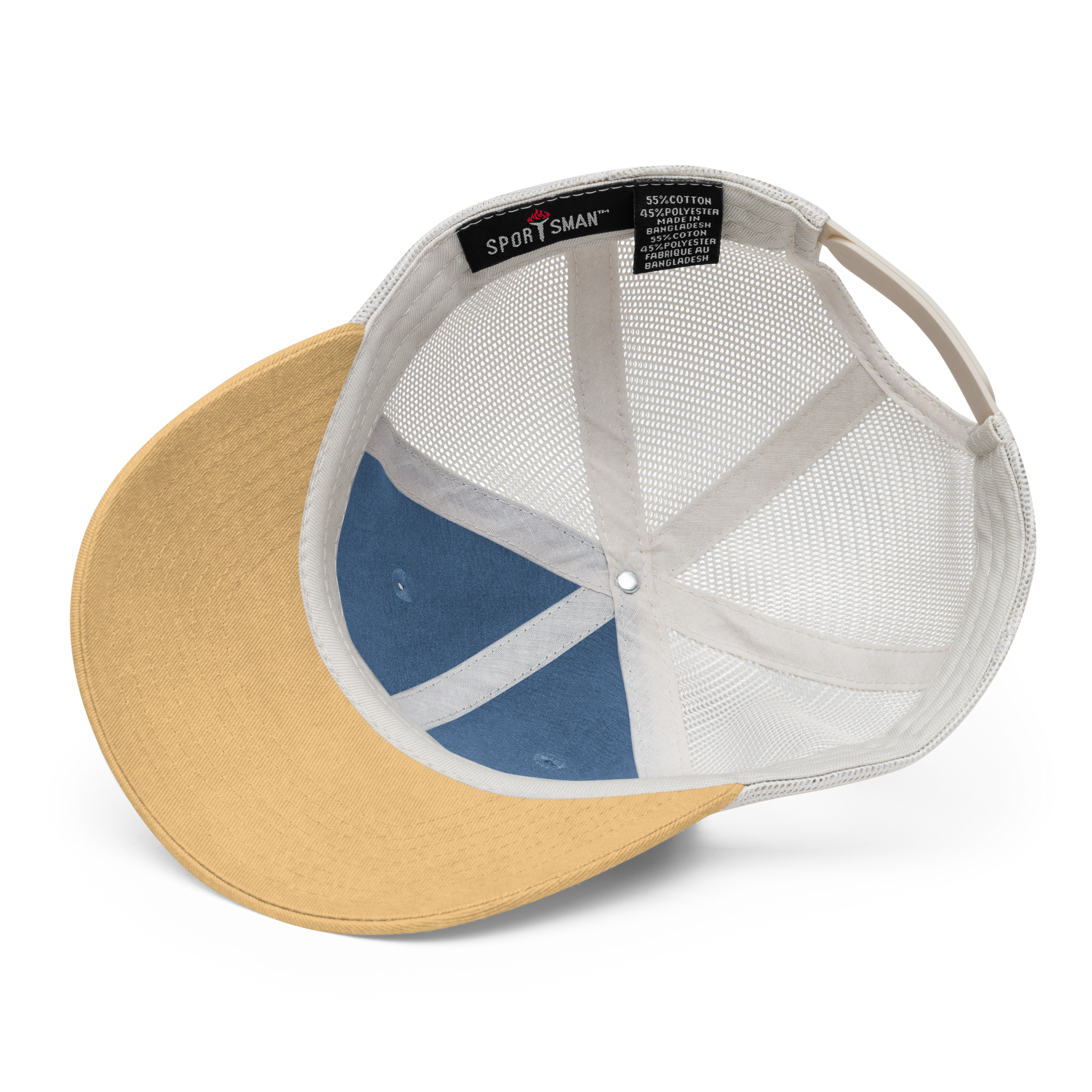 YHM Designs - YLW Kelowna Pigment-Dyed Trucker Cap - Crossed-X Design with Airport Code and Vintage Propliner - White Embroidery - Image 02