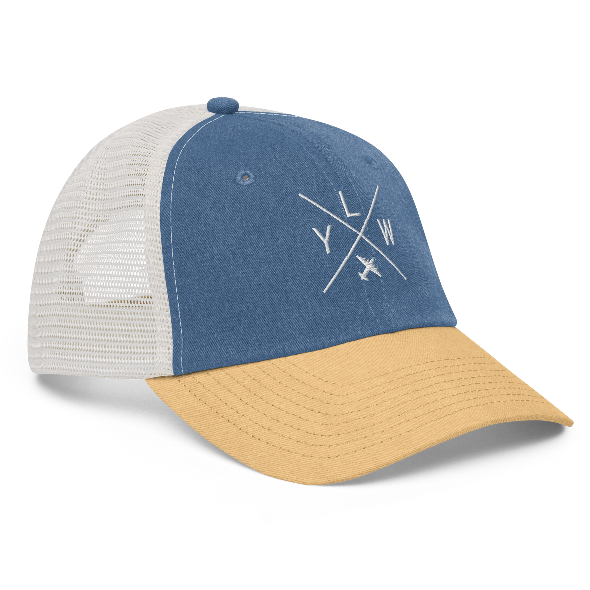 YHM Designs - YLW Kelowna Pigment-Dyed Trucker Cap - Crossed-X Design with Airport Code and Vintage Propliner - White Embroidery - Image 18