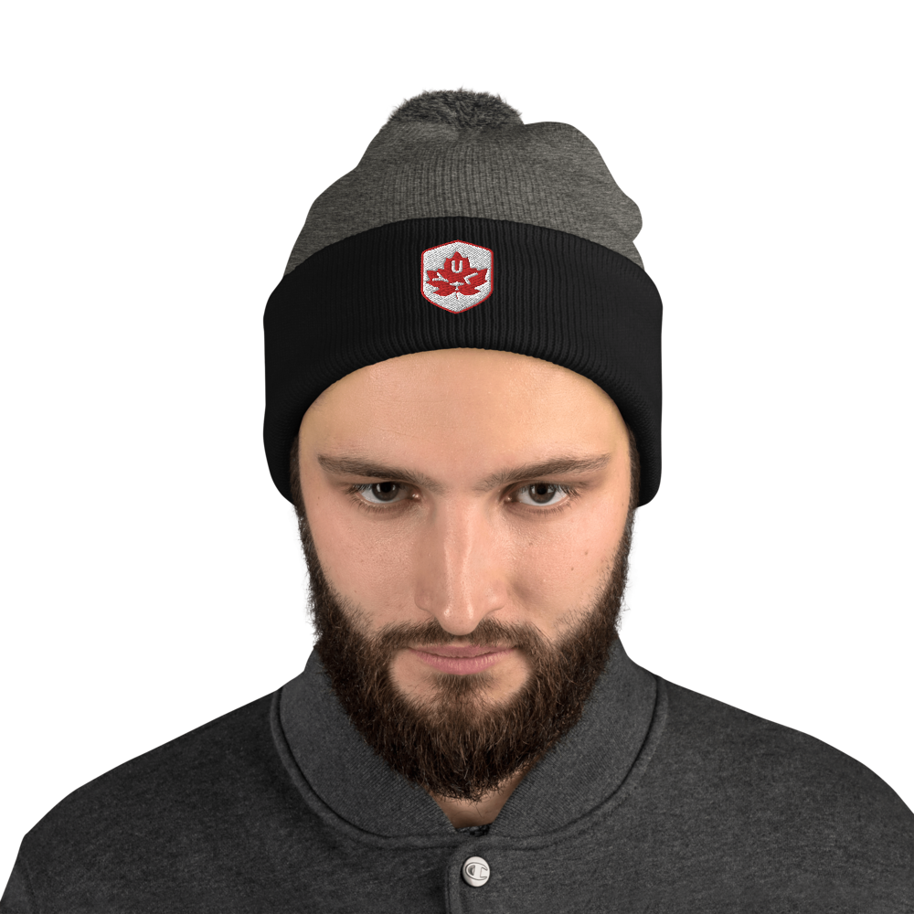 Maple Leaf Pom-Pom Beanie - Red/White • YUL Montreal • YHM Designs - Image 02