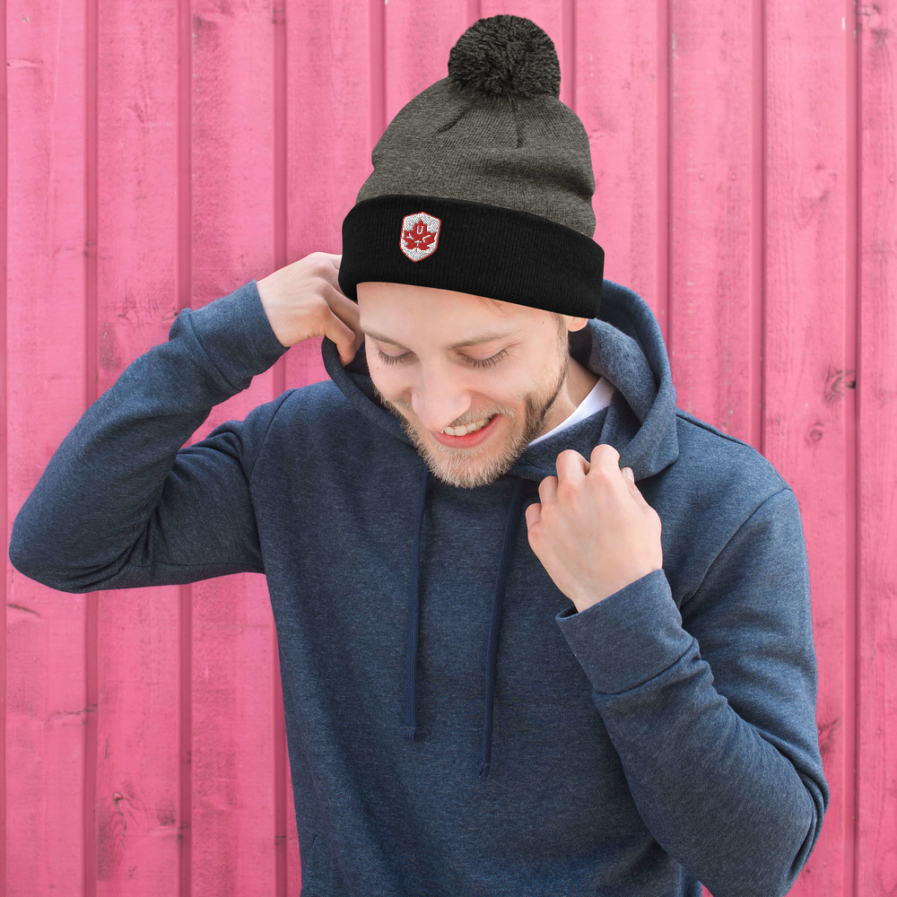 Maple Leaf Pom-Pom Beanie - Red/White • YUL Montreal • YHM Designs - Image 03
