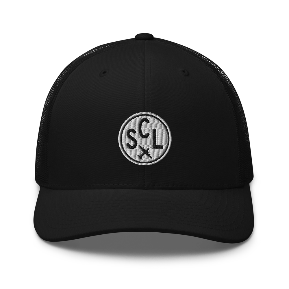 Roundel Trucker Hat - Black & White • SCL Santiago • YHM Designs - Image 04