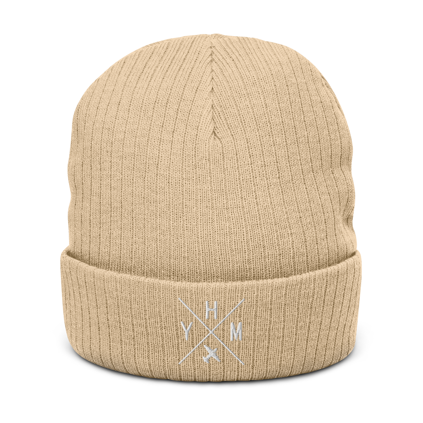 Crossed-X Recycled Ribbed Knit Beanie • White Embroidery