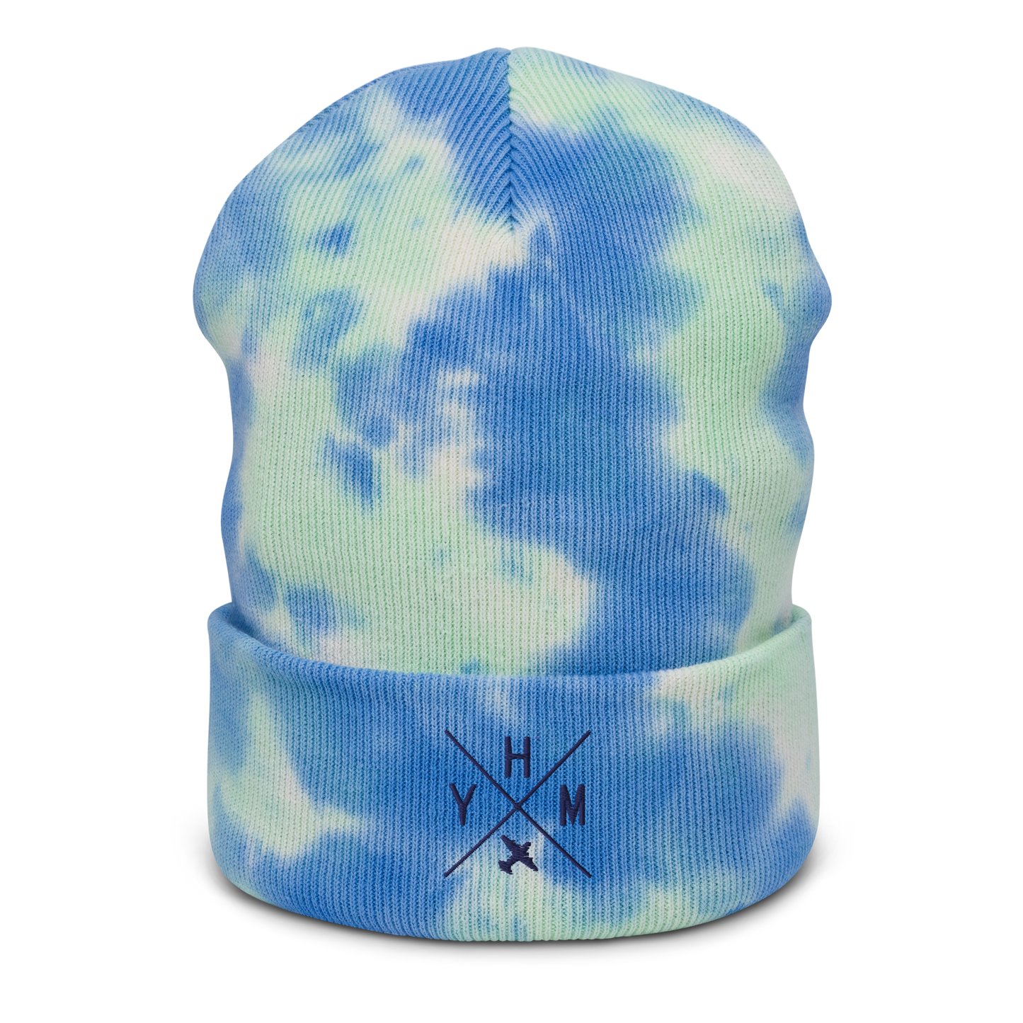 Crossed-X Tie-Dye Beanie • Navy Blue Embroidery