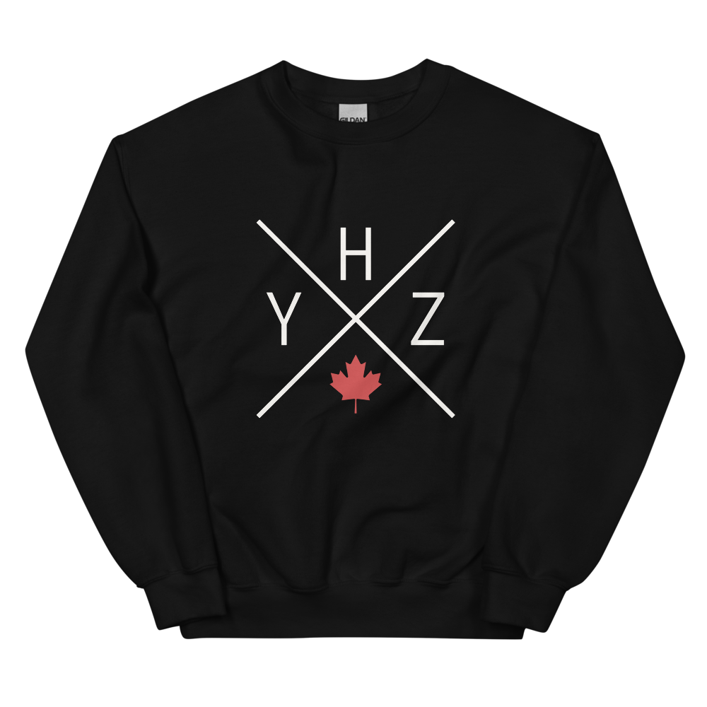 YHM Designs - YHZ Halifax Airport Code Unisex Sweatshirt - Crossed-X Design with Red Canadian Maple Leaf - Image 02