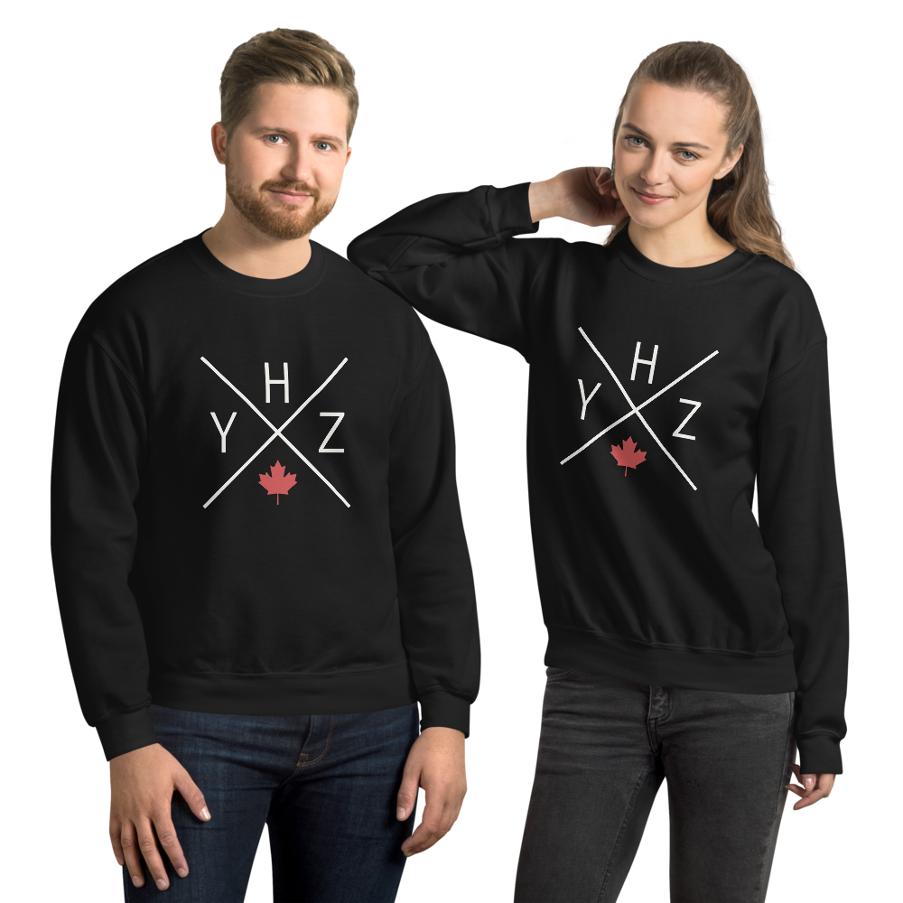 YHM Designs - YHZ Halifax Airport Code Unisex Sweatshirt - Crossed-X Design with Red Canadian Maple Leaf - Image 04