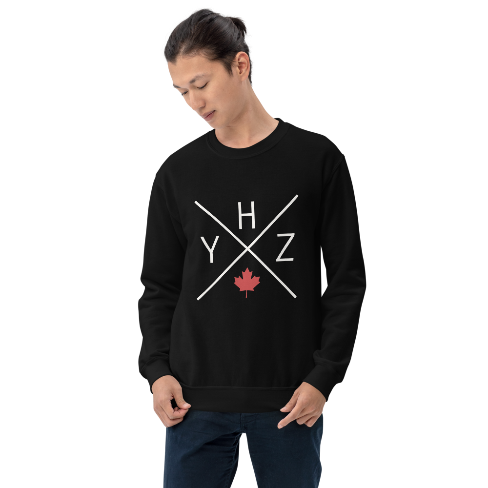 YHM Designs - YHZ Halifax Airport Code Unisex Sweatshirt - Crossed-X Design with Red Canadian Maple Leaf - Image 05