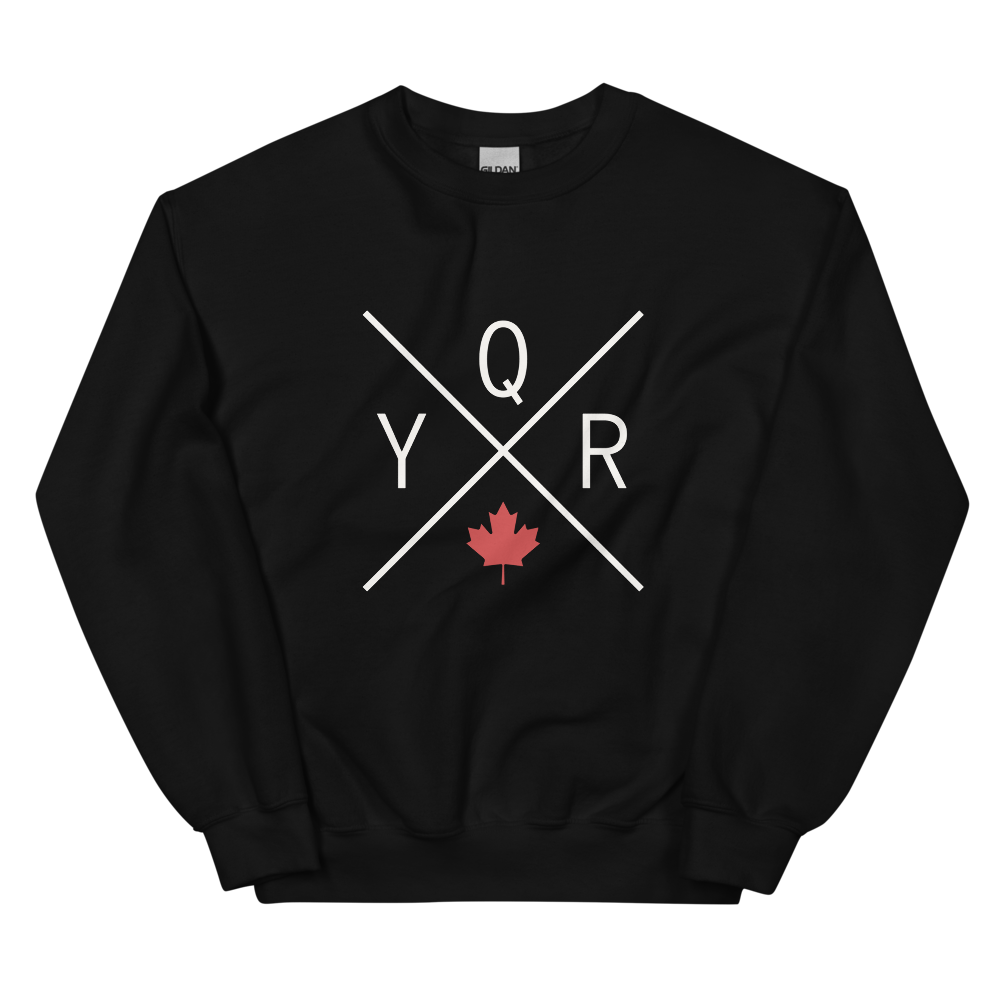 YHM Designs - YQR Regina Airport Code Unisex Sweatshirt - Crossed-X Design with Red Canadian Maple Leaf - Image 02
