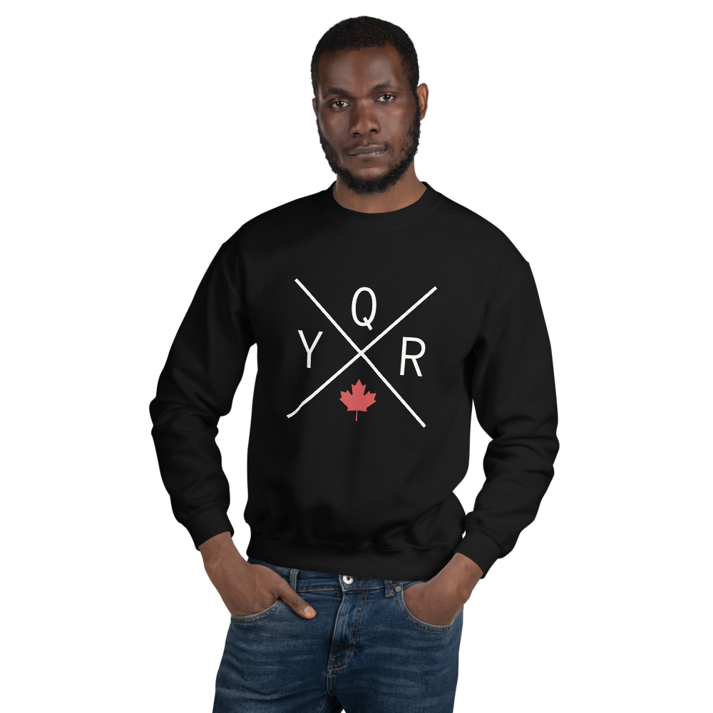 YHM Designs - YQR Regina Airport Code Unisex Sweatshirt - Crossed-X Design with Red Canadian Maple Leaf - Image 03
