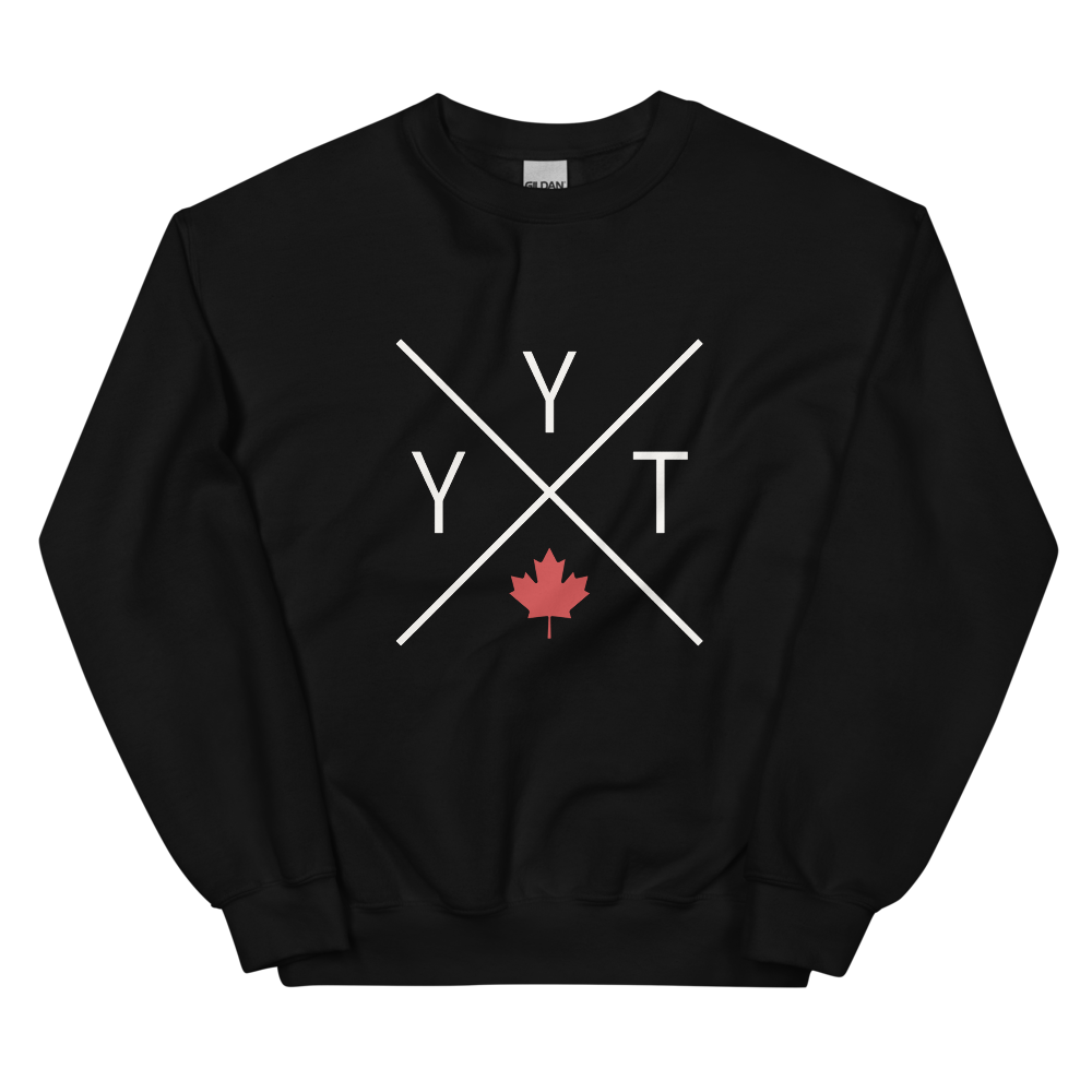 YHM Designs - YYT St. John's Airport Code Unisex Sweatshirt - Crossed-X Design with Red Canadian Maple Leaf - Image 02
