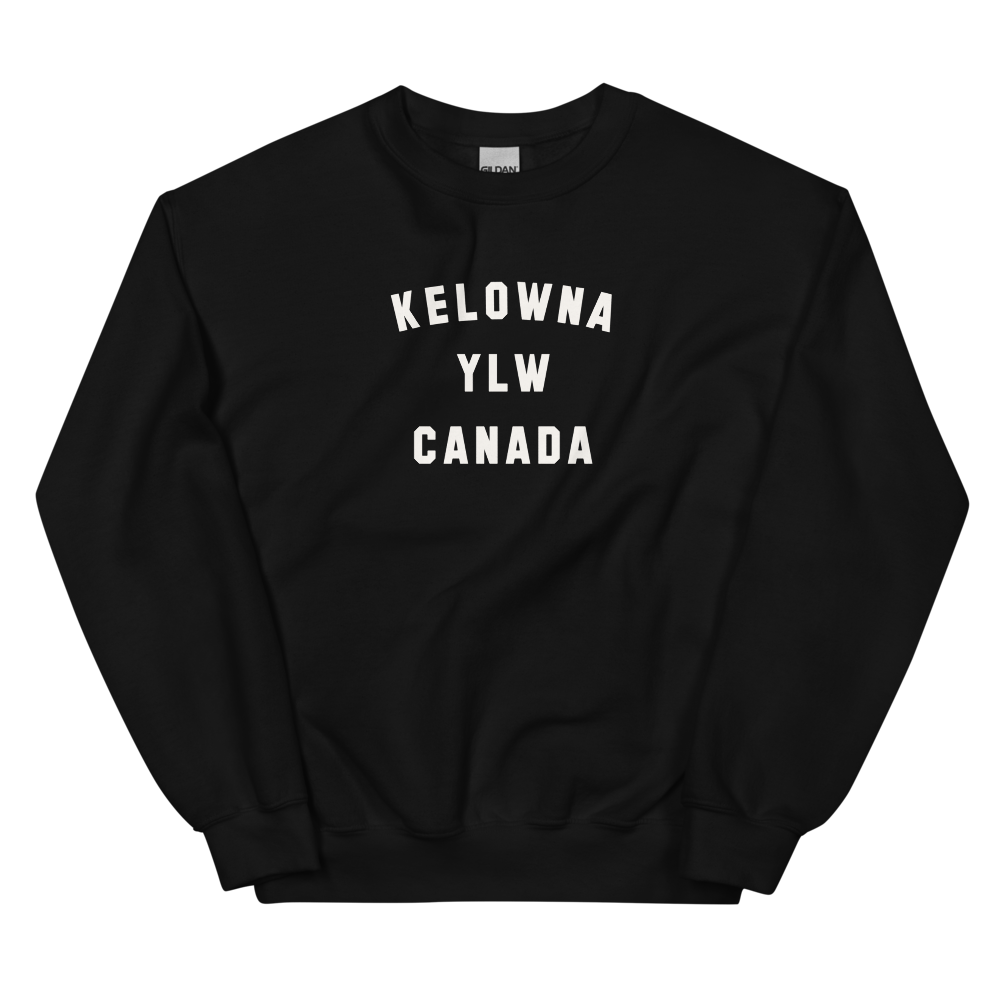 YHM Designs - YLW Kelowna Airport Code Unisex Sweatshirt - Minimalist Varsity Design - White Graphic - Image 02