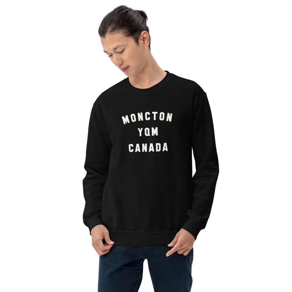 YHM Designs - YQM Moncton Airport Code Unisex Sweatshirt - Minimalist Varsity Design - White Graphic - Image 01