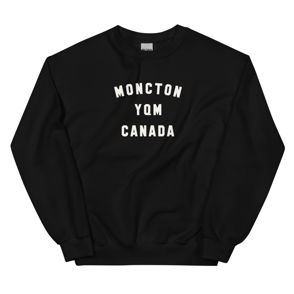 YHM Designs - YQM Moncton Airport Code Unisex Sweatshirt - Minimalist Varsity Design - White Graphic - Image 02