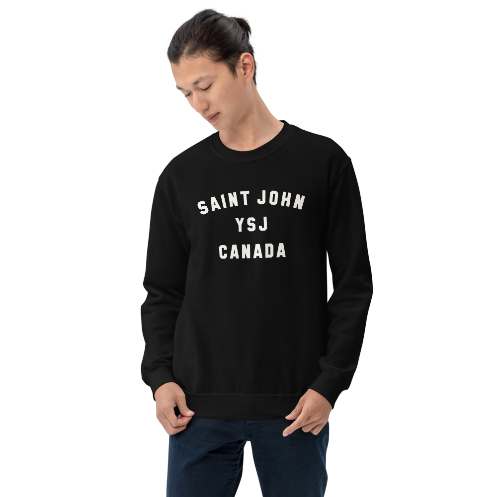 YHM Designs - YSJ Saint John Airport Code Unisex Sweatshirt - Minimalist Varsity Design - White Graphic - Image 01