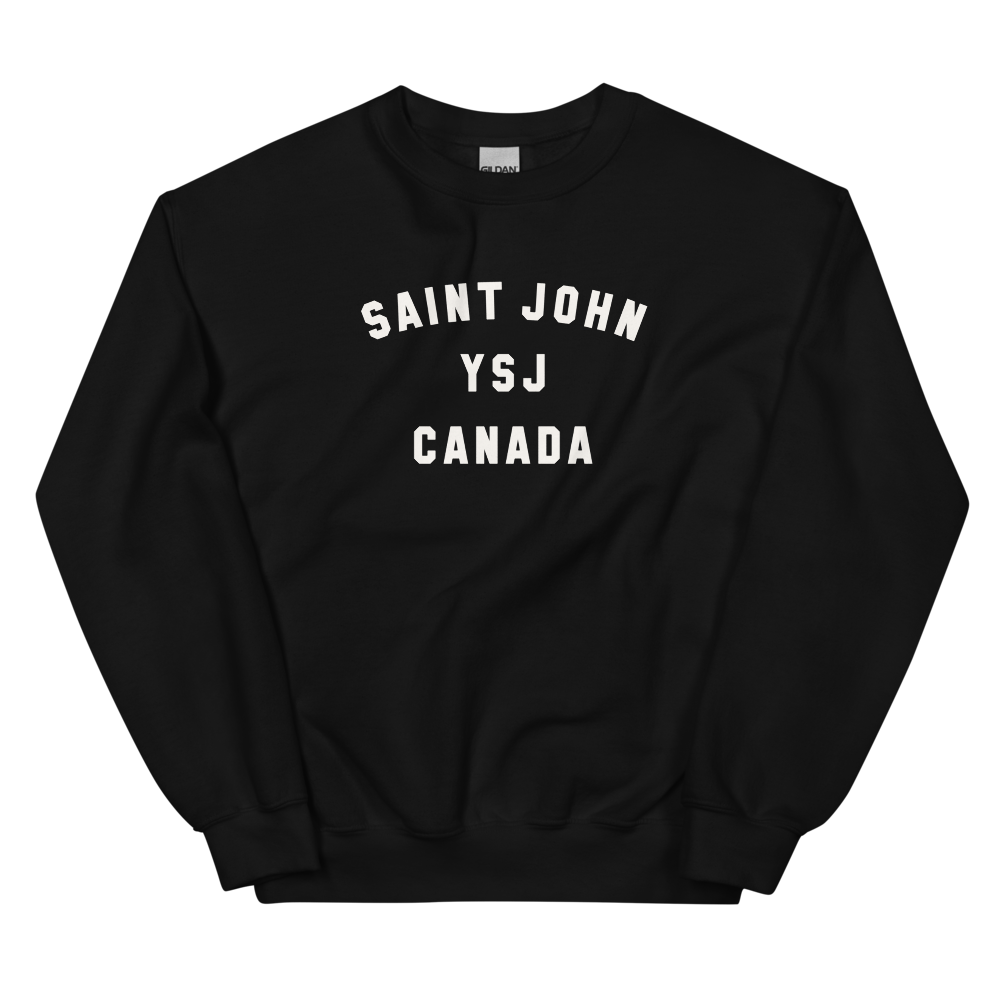 YHM Designs - YSJ Saint John Airport Code Unisex Sweatshirt - Minimalist Varsity Design - White Graphic - Image 02