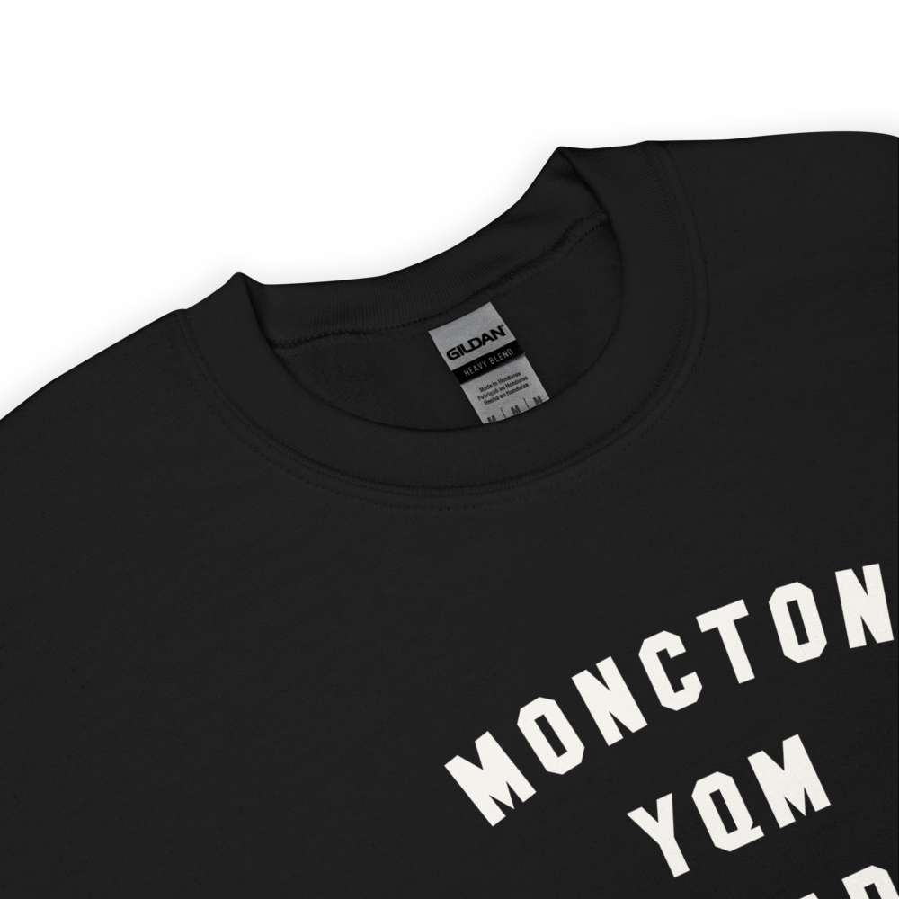 YHM Designs - YQM Moncton Airport Code Unisex Sweatshirt - Minimalist Varsity Design - White Graphic - Image 06